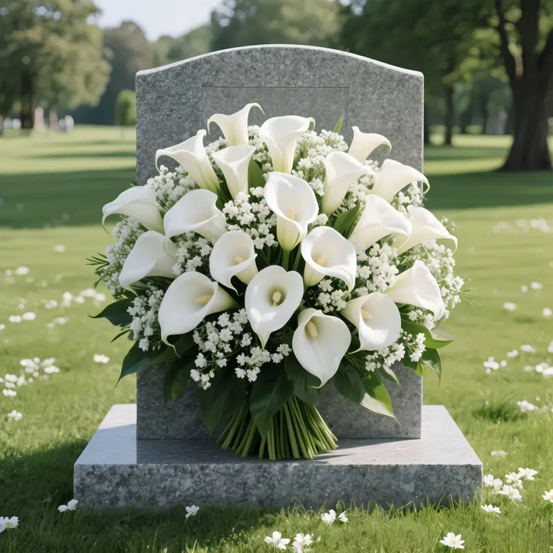 Simulation cemetery bouquet, exquisite white calla lilies with baby's breath combination, suitable for holidays and cemeteries, no maintenance required, long-lasting and vibrant decoration, suitable as an elegant mourning or commemorative outdoor floral
