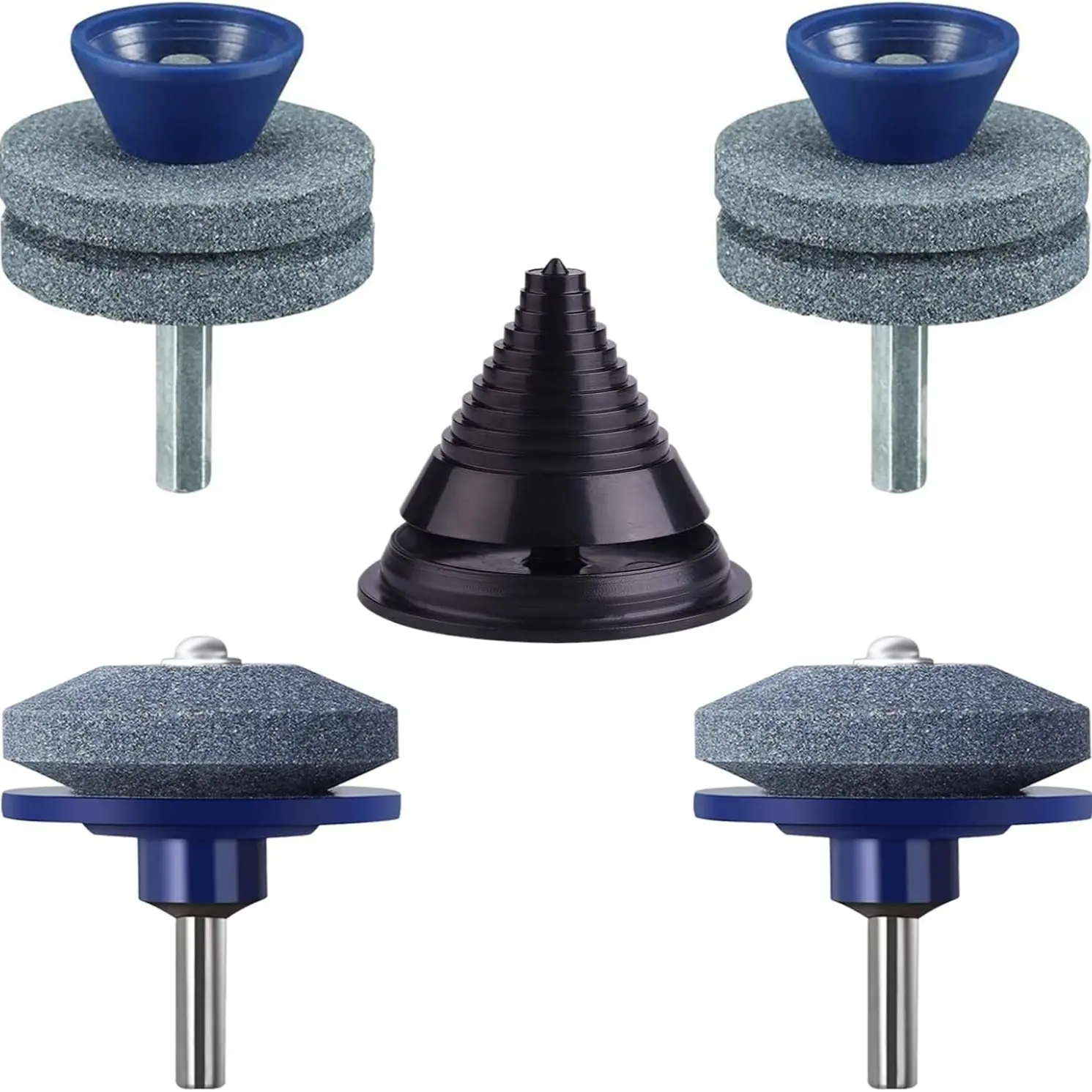 4 Piece Lawn Mower Blade Sharpening Kit with Balancer, Auto Balances Blades After Sharpening, Extends Lifespan, Blue, Garden Use, Lawn Maintenance
