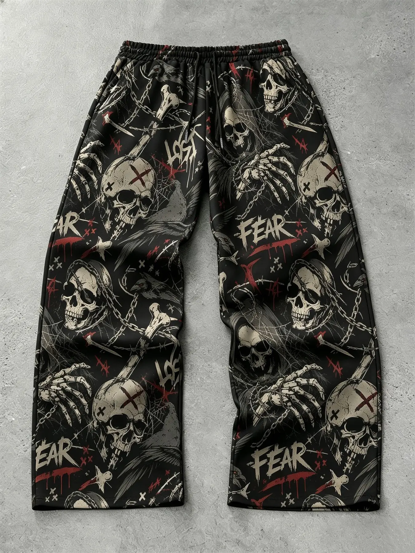 Halloween Men's Skull Print Wide Leg Pants, Gothic Skeleton Full Print Drawstring Elastic Waist Bottoms, For Festival Street and Casual Daily Wear