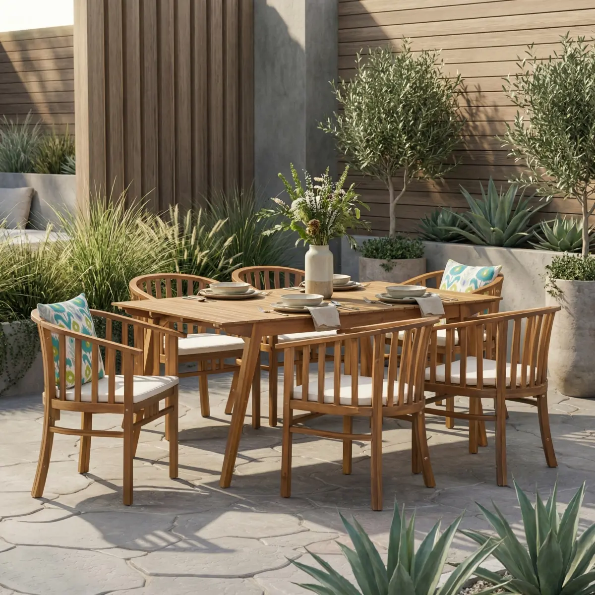 Christopher Knight Home® 6-Seater Outdoor Acacia Wood Dining Set with Table, Rustic Farmhouse Decor, Slatted Backs, Teak Finish, Water-Resistant Cream Cushions, Six Seats