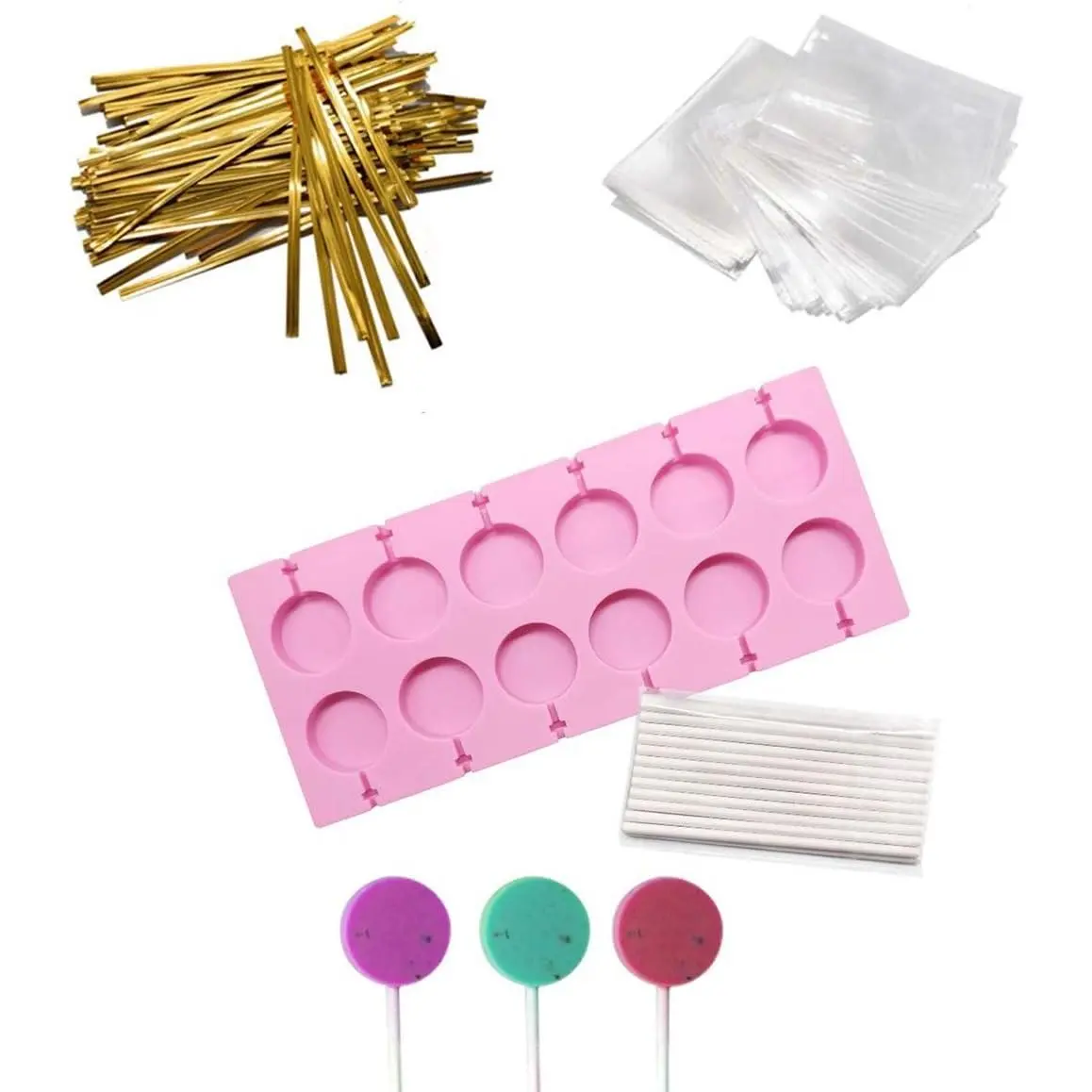12-Cavity Round Pink Silicone Lollipop Molds, Chocolate Hard Candy Making Mold with 50Pcs 4 Inch Lollipop Sticks, Candy Treat Bags & Gold Ties