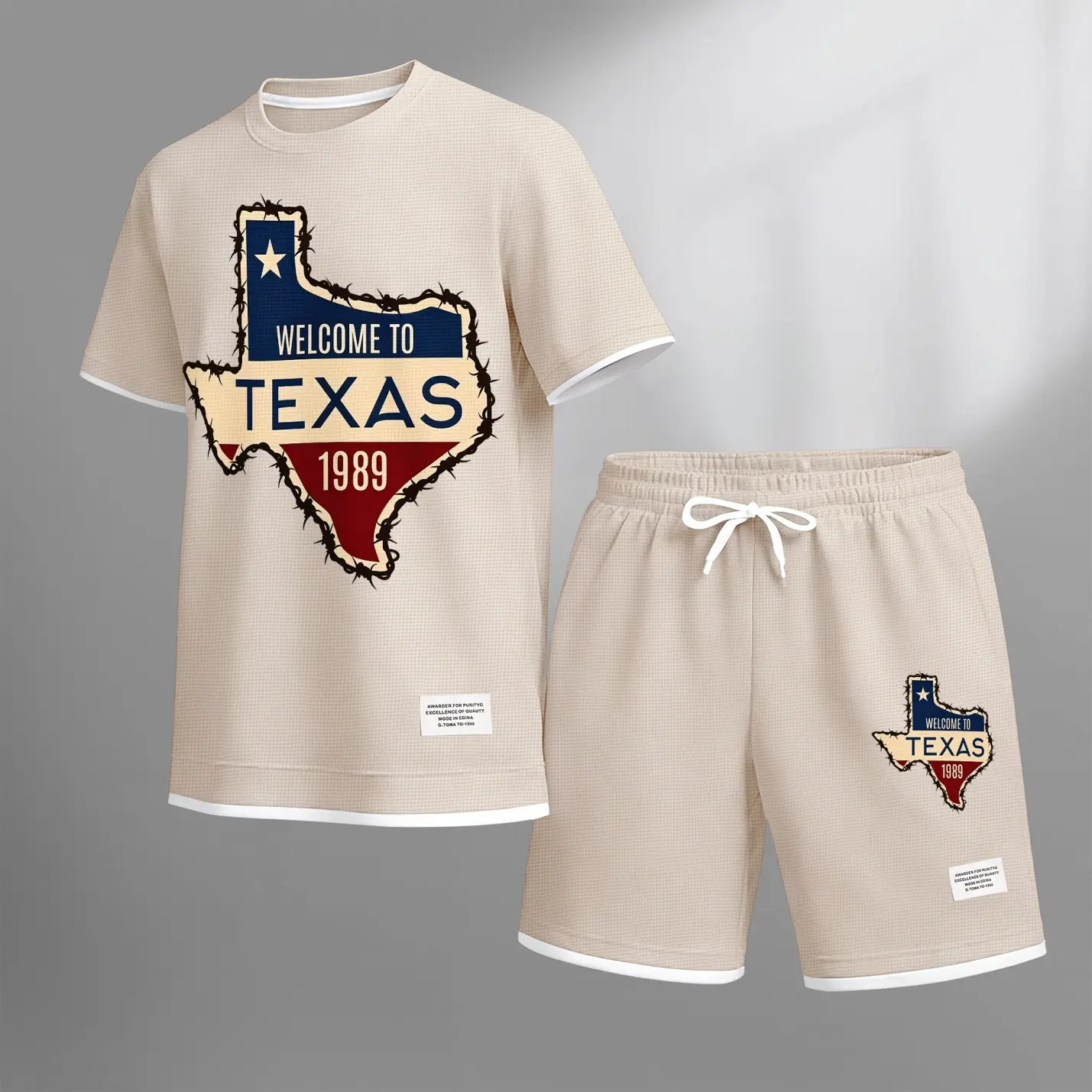 Men’s Minimalist 2-Piece Crew Neck Streetwear Set - Texas Map Barbed Wire Graphic, Short Sleeve T-Shirt, Drawstring Shorts, Casual Loose Fit, Lightweight Breathable, Fashion, Machine Washable/Dry Clean, Summer Outfit for Daily Wear, Fabric, Polyester, Two