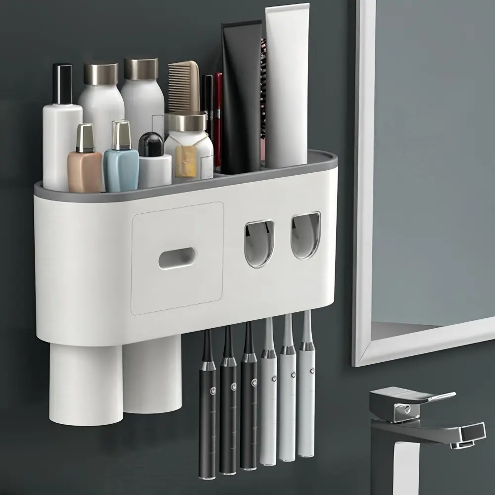 No-drill Wall Mounted Toothbrush Holder, Bathroom Shelf, with Automatic Toothpaste Dispensers 6 Brush Hooks Magnetic Cups 1 Cosmetic Drawer Organizer and Large Storage (2 Dispensers 2 Cups)