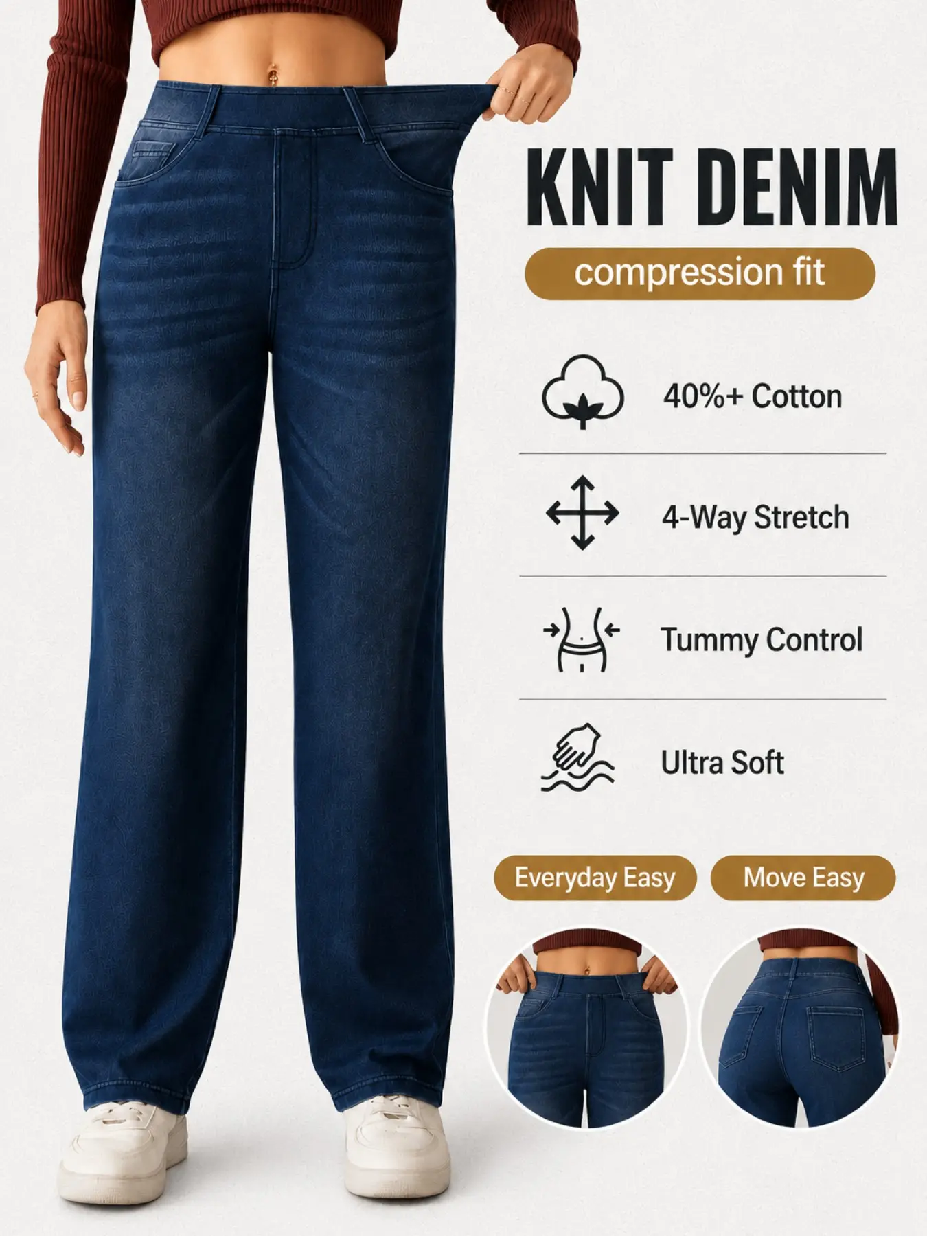 Women's High-Waisted Elastic Loose Wide-Leg Washed Jeans, Knitted Denim Jeans, Casual Daily Wear, Ankle-Length Slim-Fit Long Jeans