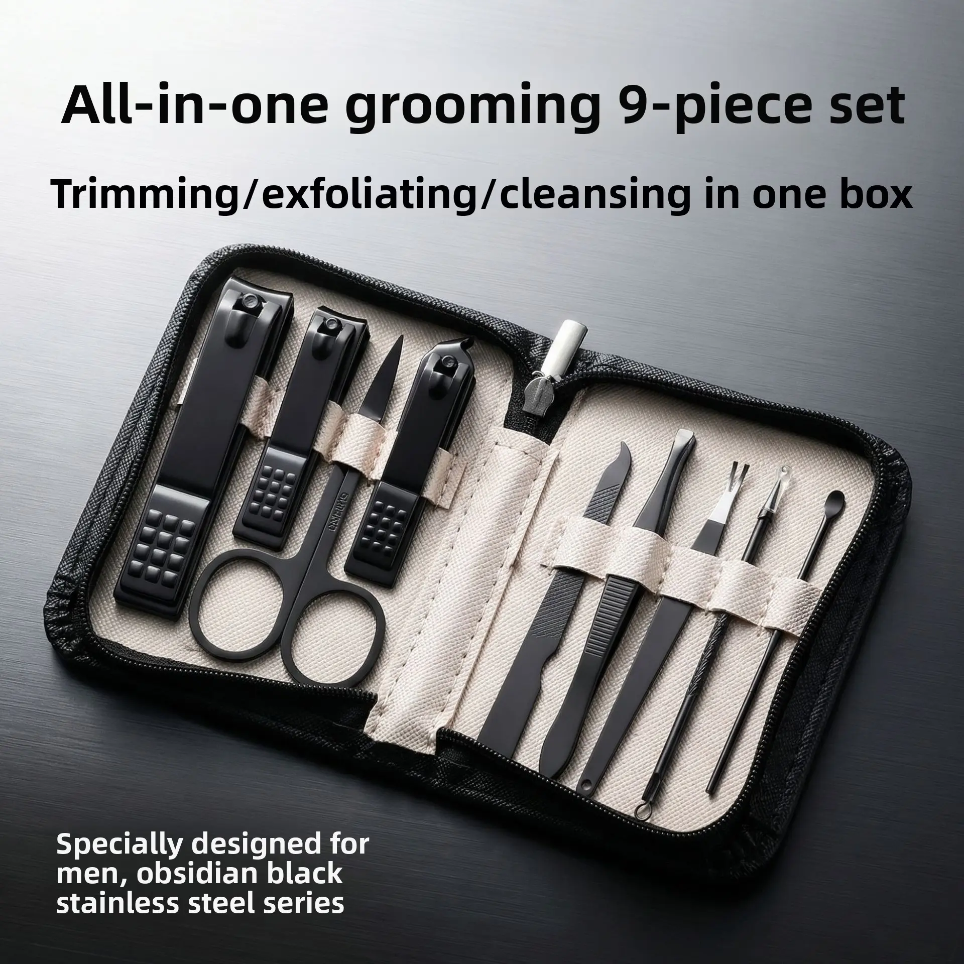 9-Piece Black Stainless Steel Nail Care Set with High-Quality Large-Capacity Black Zipper Bag, Pedicure Tools, Cuticle Dead Skin Remover, Nail Trimmer – Grooming Gift Kit for Men & Women (Foil Bag Packaging), Black Zipper Bag 9-Piece Set
