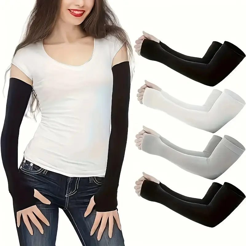 Sporty Nylon Blend Arm Sleeves with Fingerless Gloves, Unisex Sun Protection for Hiking, Light Outdoor & Summer Commutes, Outdoor Wear