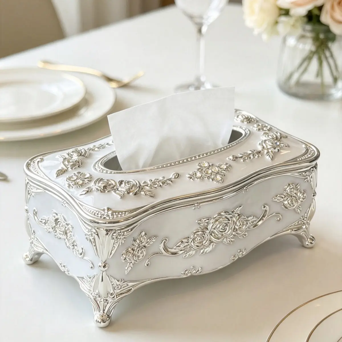 Vintage European Courtly Luxury Paper Holder, Base Silver Color Floral Carving, Large Opening, Anti-Slip Feet, Ideal for Bedroom, Dressing Table, Dining Table, Home Goods
