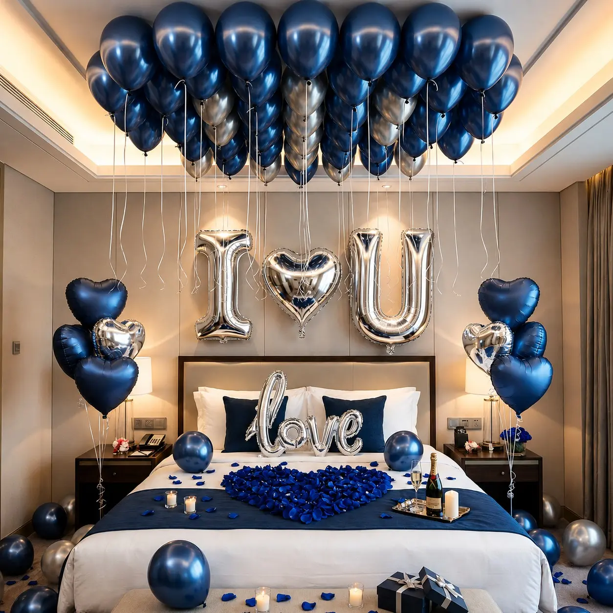 Blue & Silver Anniversary Decor Set with I LOVE YOU and Heart Balloons, 1000 Rose Petals for Romantic Special Night, Bedroom, Hotel Room, Valentine Proposal, Birthday Decorations for Him, Happy Anniversary Decorations