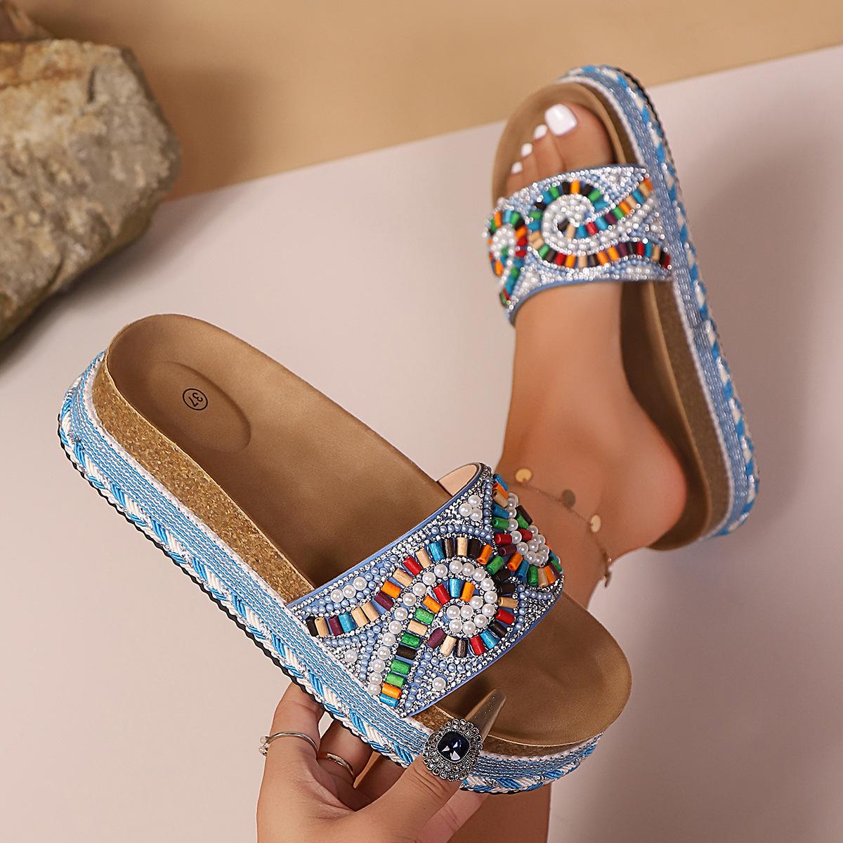 Women's Platform Sandals Summer Beach Slides with Pearl Embellished Cork Wedge Soft Sole Slippers Large Size Comfort Outdoor Shoes Ethnic Style Fashion Footwear for Women