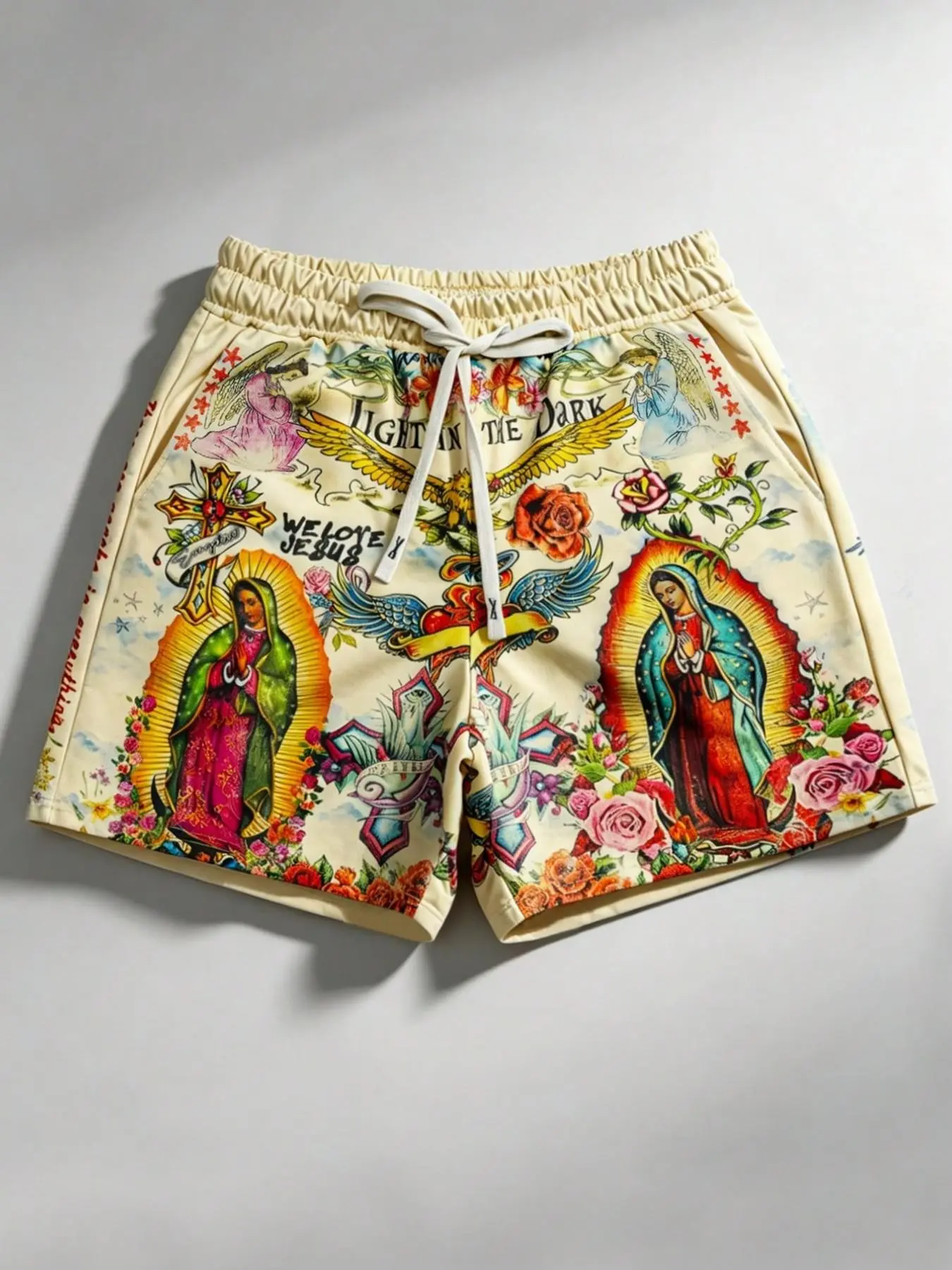 2026 Trendy Virgin Mary Loose Fit Shorts for Men and Women, Cross Vintage Street Style, Guadalupe Virgin Rose Eagle Religious All Over Print Drawstring Waist Shorts, Hip Hop Y2K Casual Shorts for Daily Wear