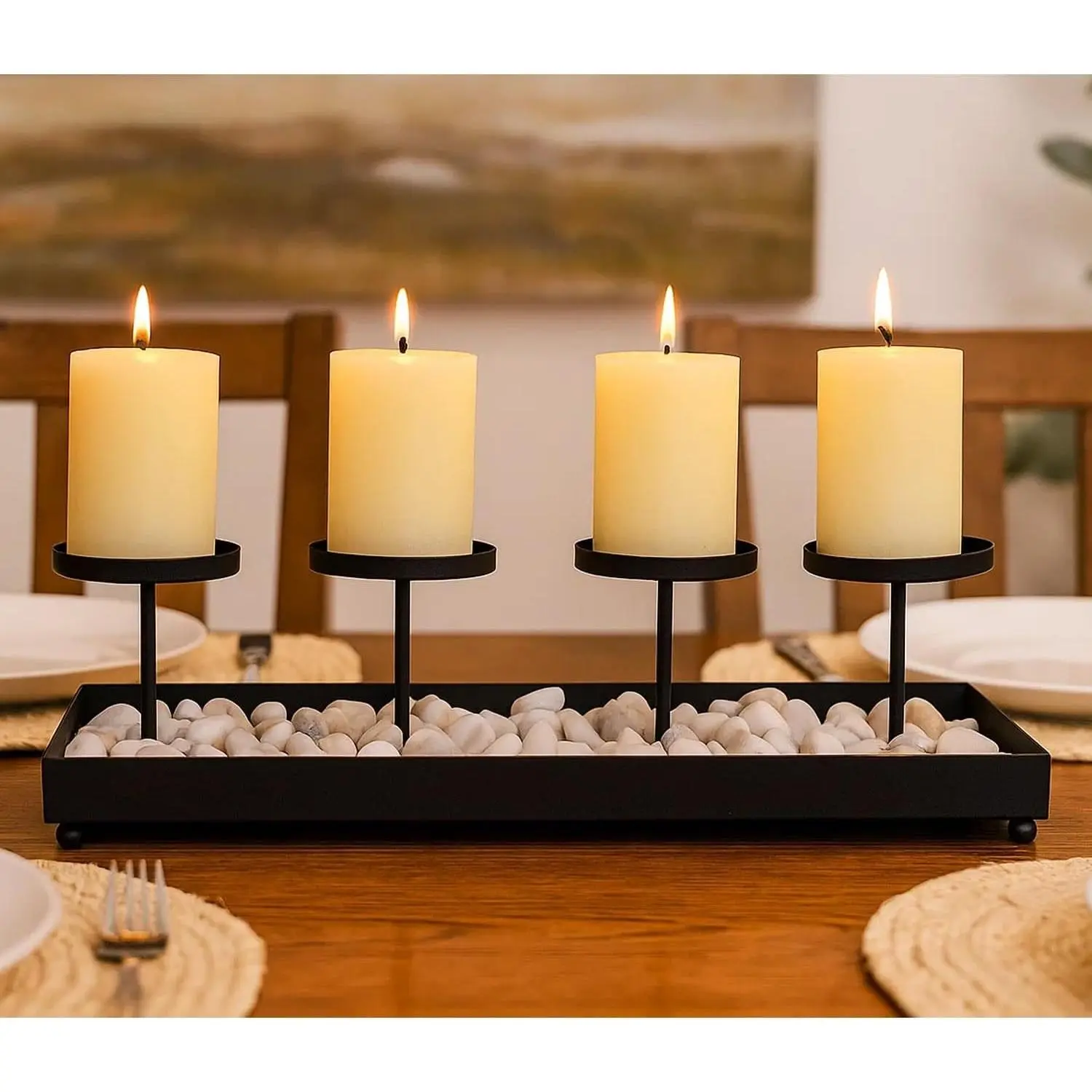 Black Iron 4-Pillar Decorative Candelabra, Elegant Tabletop Candle Holder Centerpiece for Weddings, Home Decor