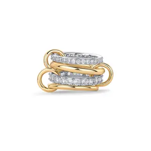 14K Gold Plated Interlocked Stackable Statement Ring for Women – Chunky Multi-Band Double & Triple Ring, Two-Tone Mixed Metals with Cubic Zirconia woman beautiful ring lab-created engagement wedding gift birthstone brilliant shine carat total weight dark