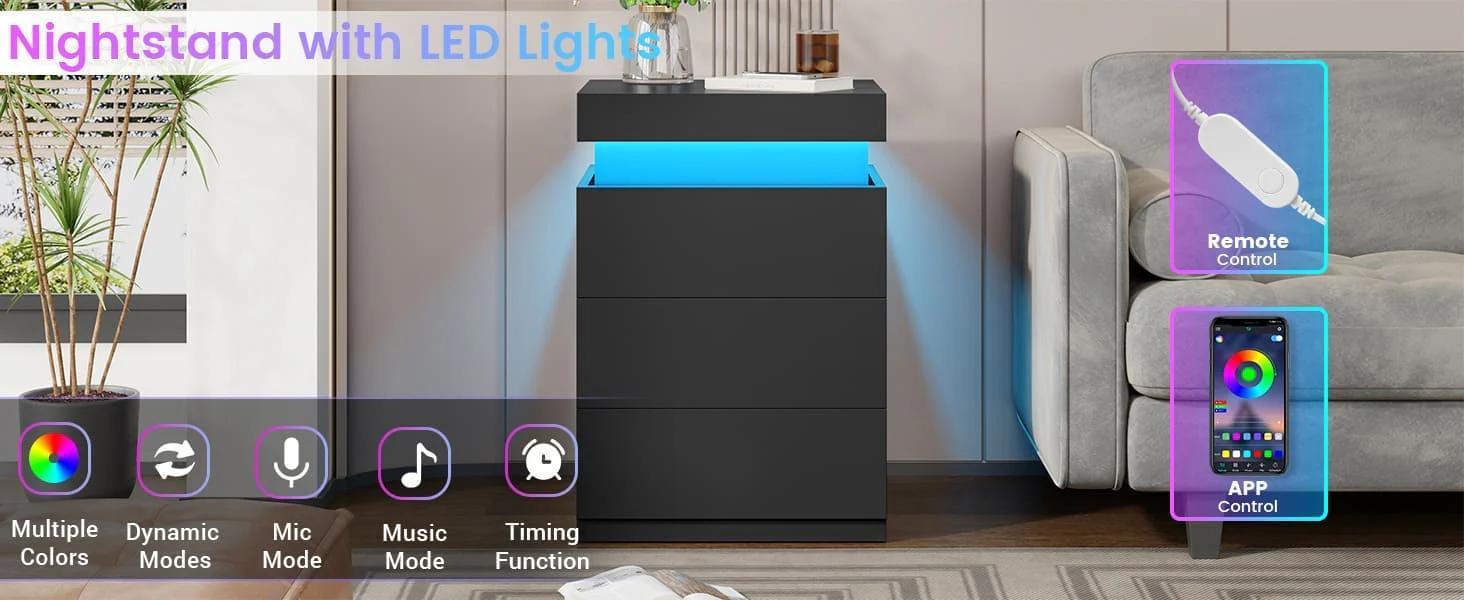 Sikaic 2PCS Nightstand with LED Lights Charging Station Black Modern Bedside Table