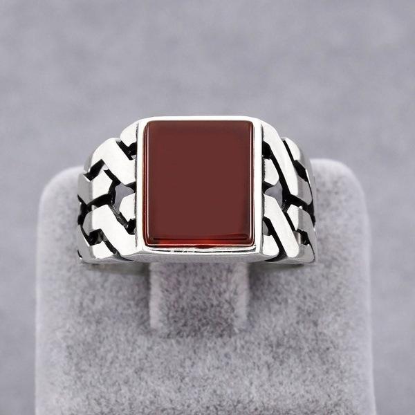 New red glass gemstone rings, European and American fashionable and retro men's and women's rings