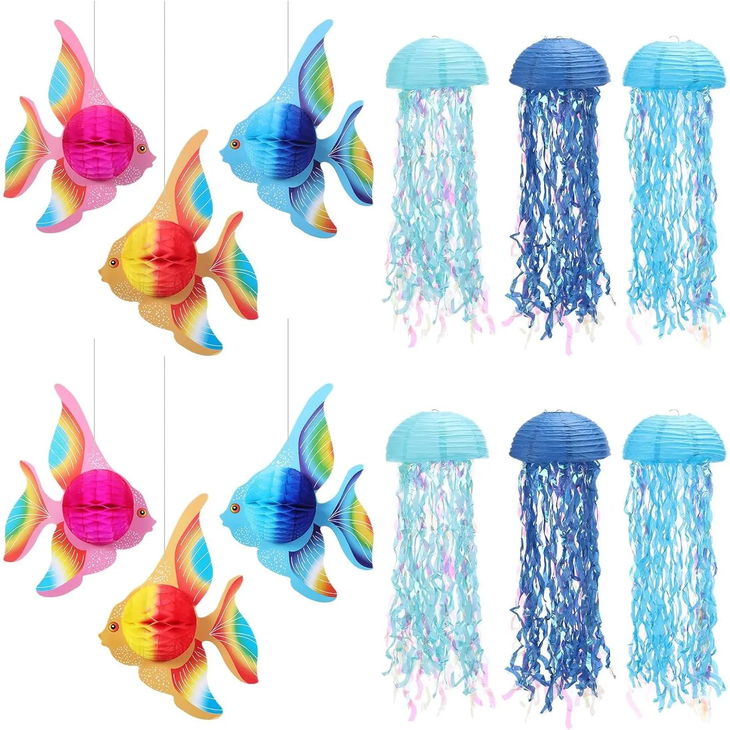 18 Pcs Under the Sea Decorations Kit with 6 Hanging Jellyfish and 12 Tropical Fish, for Mermaid Birthday Party, Ocean Shower, Nautical Wedding, and Beach Classroom Decor(3 Types of Fish)
