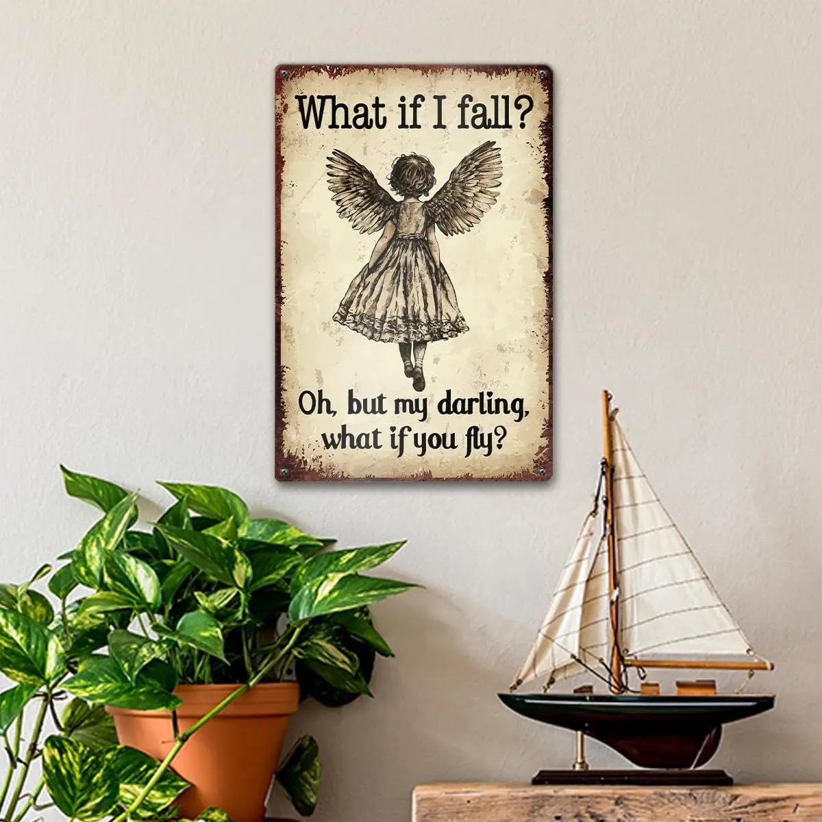 Rectangle "What If You Fly" Inspirational Angel Quote Metal Sign Wall Decor, Vintage Motivational Plaque for Home Bedroom (1-2 Target Groups), Party, Balcony Holiday & Daily Home Supplies, 12x8 in, Wardrobe, Girl