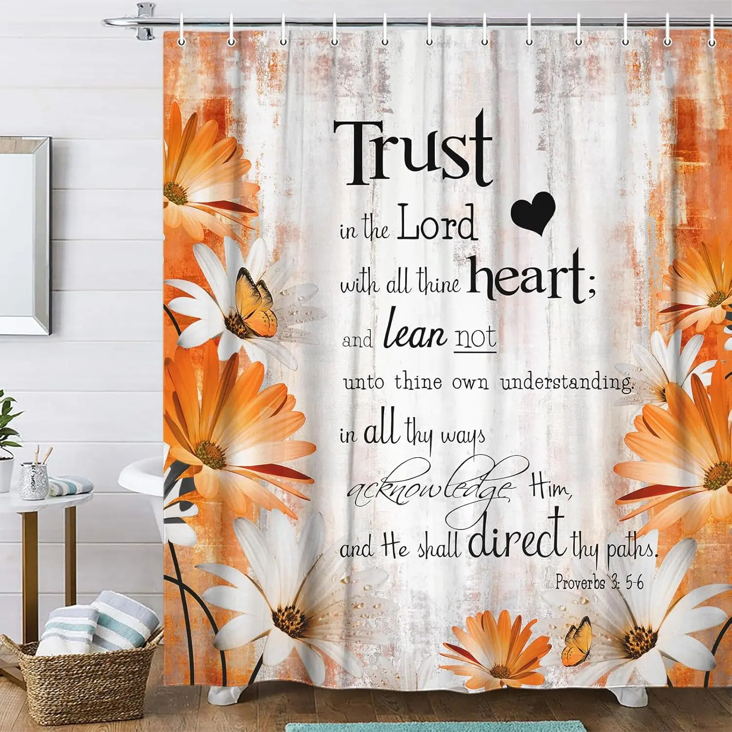 Rustic Farmhouse Orange Shower Curtain - Bible Verse Inspirational, Country Yellow Fall Daisy Flowers, Butterfly Abstract Design, Plastic Hole-Based Multi-Size Bathroom Decor, Ideal Gift