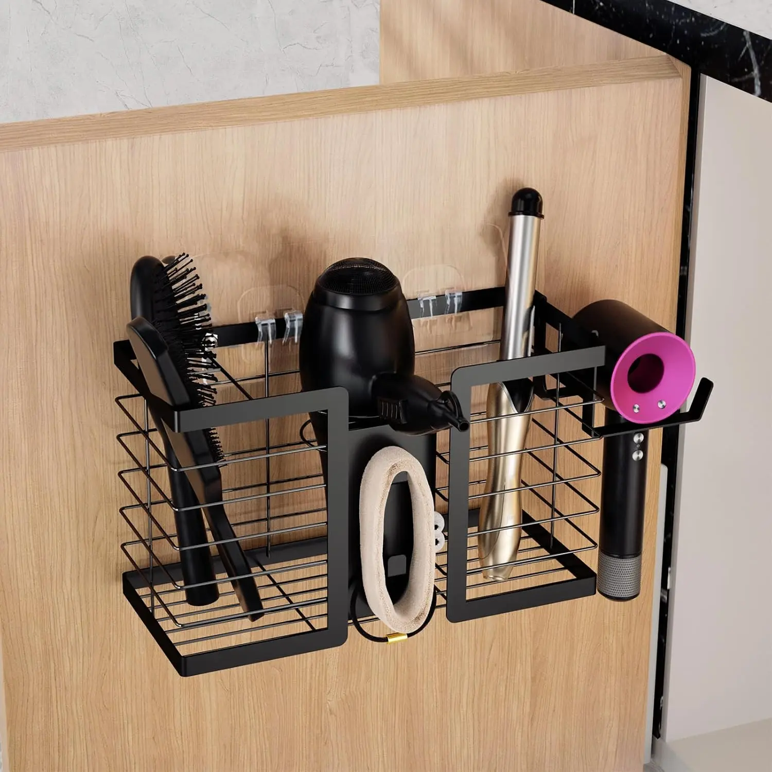 Hair Tool Organizer, 3 in 1 Metal Hair Dryer Holder Wall Mounted for Flat Iron, Curling Iron, Straightener, Styling Tools Bathroom Storage and Organizer (Black)