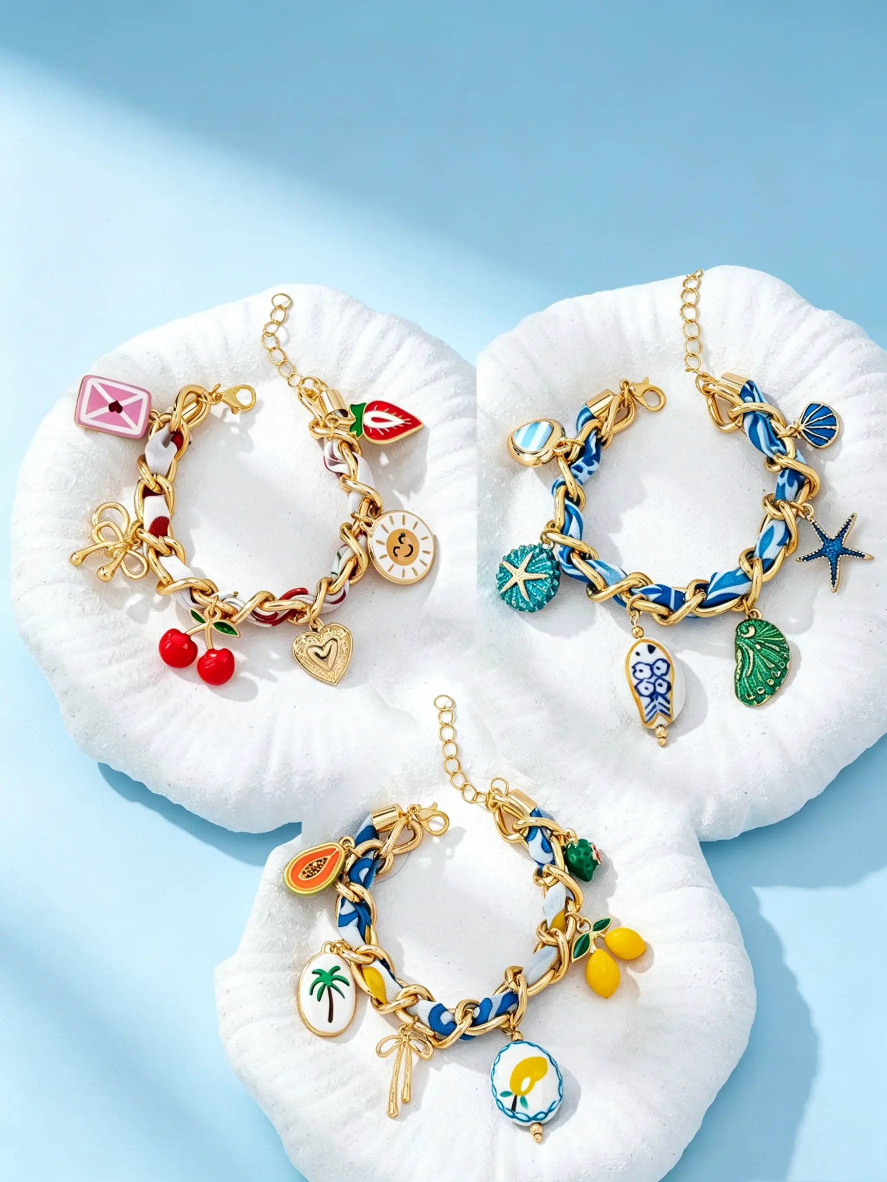 3 Pcs Summer Charm Bracelets Set, Cute Fruit & Ocean Theme Adjustable Bracelet, Beach Jewelry Gifts for Women Girls, Layered Bracelet Set