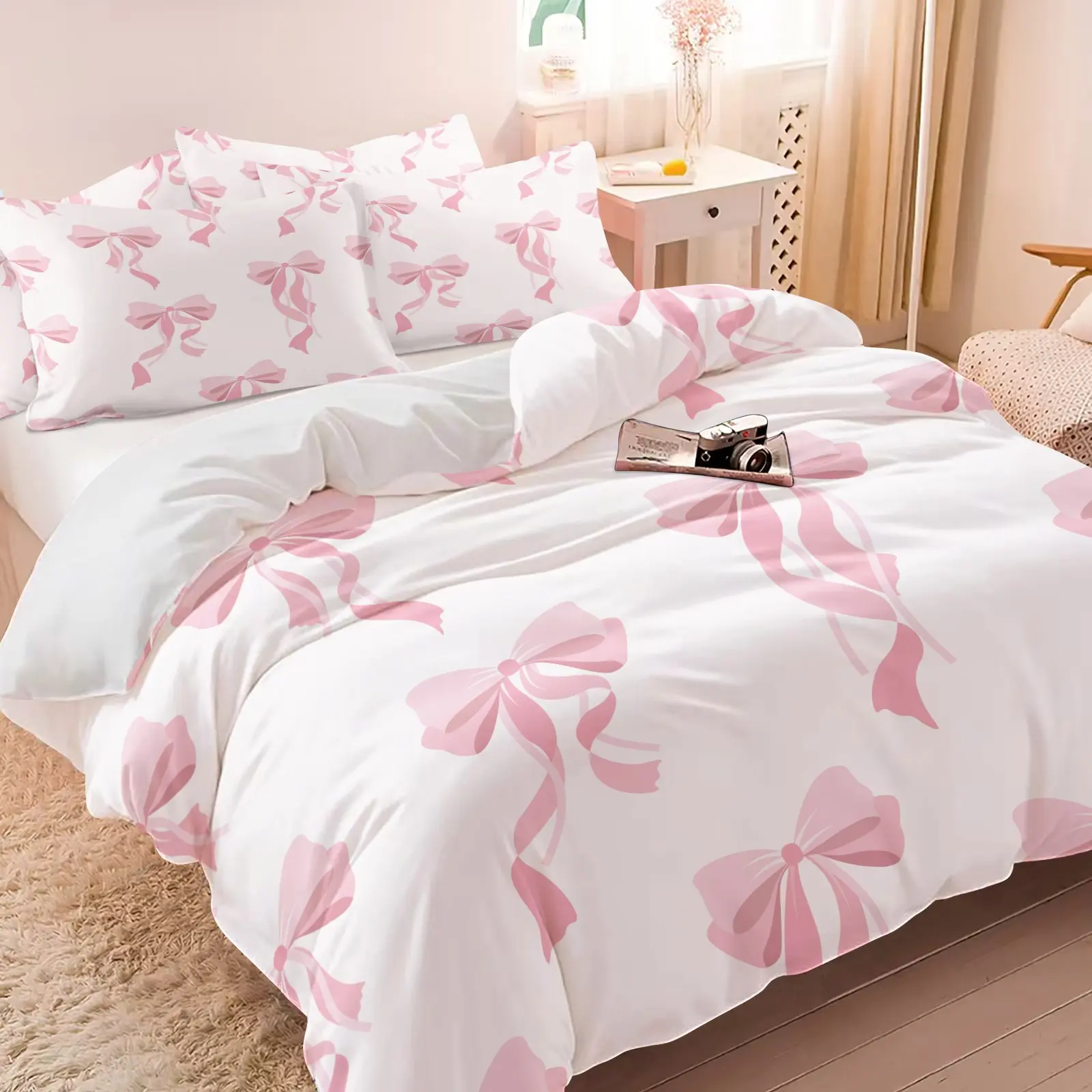 3PCS Sweet Pink Bow White Duvet Cover Set (1 Duvet Cover + 1-2 Coreless Pillowcases), Minimalist Coquette Ribbon Bow All Over Print, Soft Comfy All Seasons Summer Vibes Bedding Set,Ideal for Coquette Aesthetic Girls Bedroom Dorm Decor
