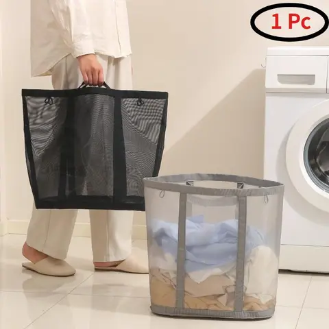 1 Piece Large Capacity Foldable Mesh Laundry Basket, Breathable Dirty Clothes Storage Hamper with Handle, Collapsible Washing Basket for Home, Folding Laundry Basket, Laundry Bin