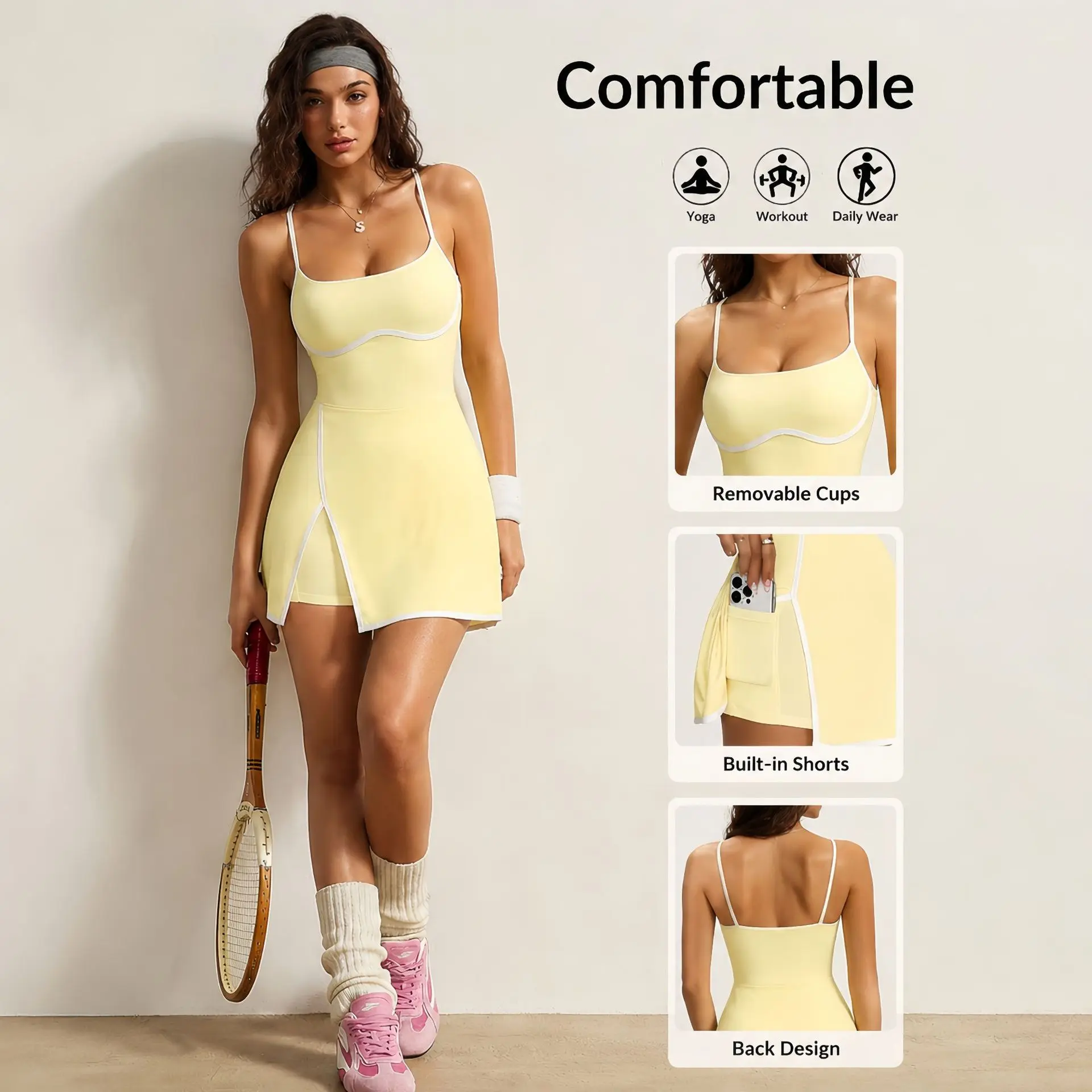 Women's Contrast Trim Spaghetti Strap Tennis Skort Dress, Split Hem Athletic Mini Dress with Pocket, Built-in Anti Exposure Shorts & Removable Pads, Slim Workout Dress for Tennis Golf Yoga Daily Sports