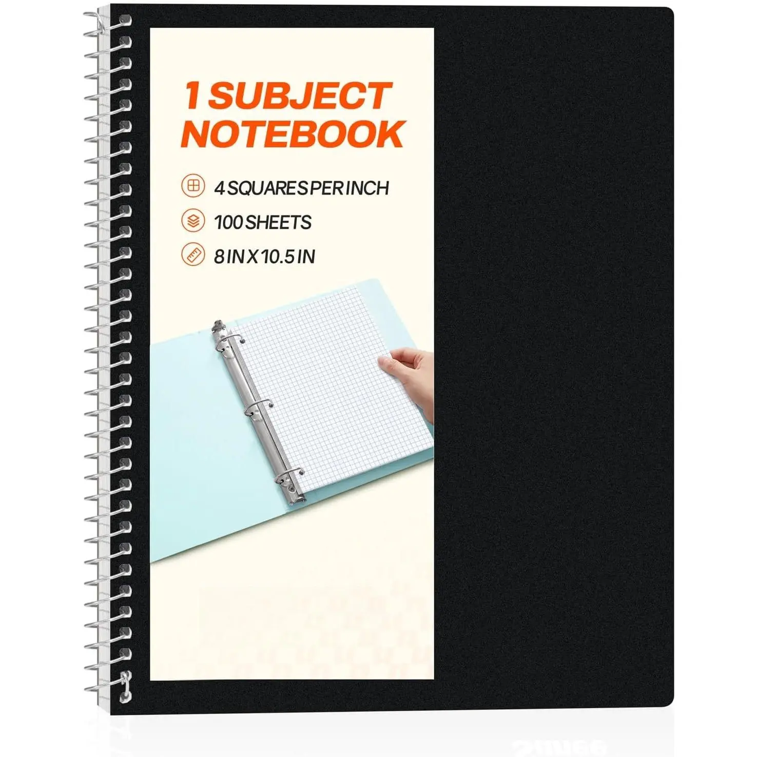 Spiral Notebook, 1-Subject, Graph Ruled Paper, 8" x 10-1/2", 100 Sheets per Notebook, 3-Hole Punched Paper, Water Resistant Cover, Spiral Grid Notebooks for Work, , School, Writing, Black