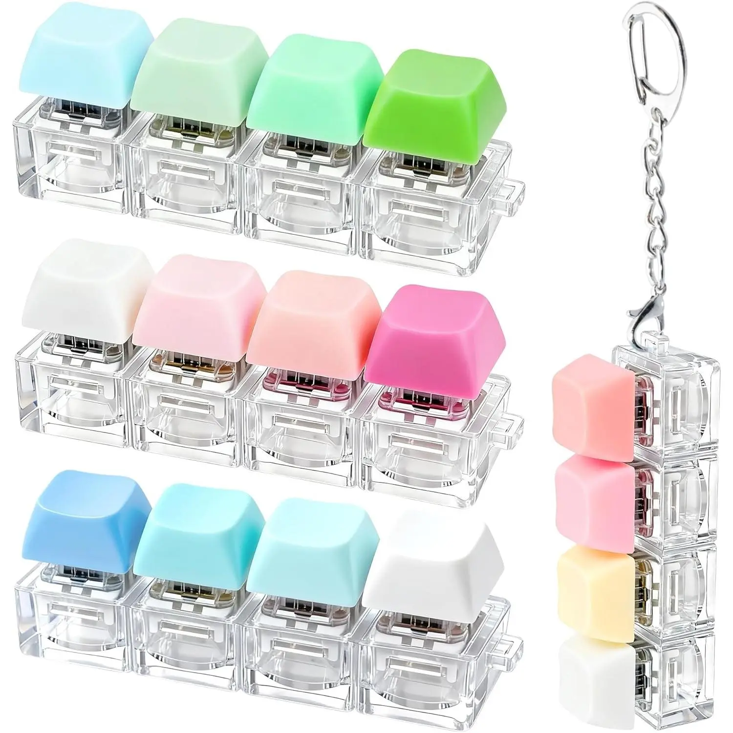 4 PCS Keyboard Fidget Keychain 4-in-1 Decompression Button Finger Clicker Toys, Stress Relief Fidget Gifts (Pink Green Blue Rose)fidget toys