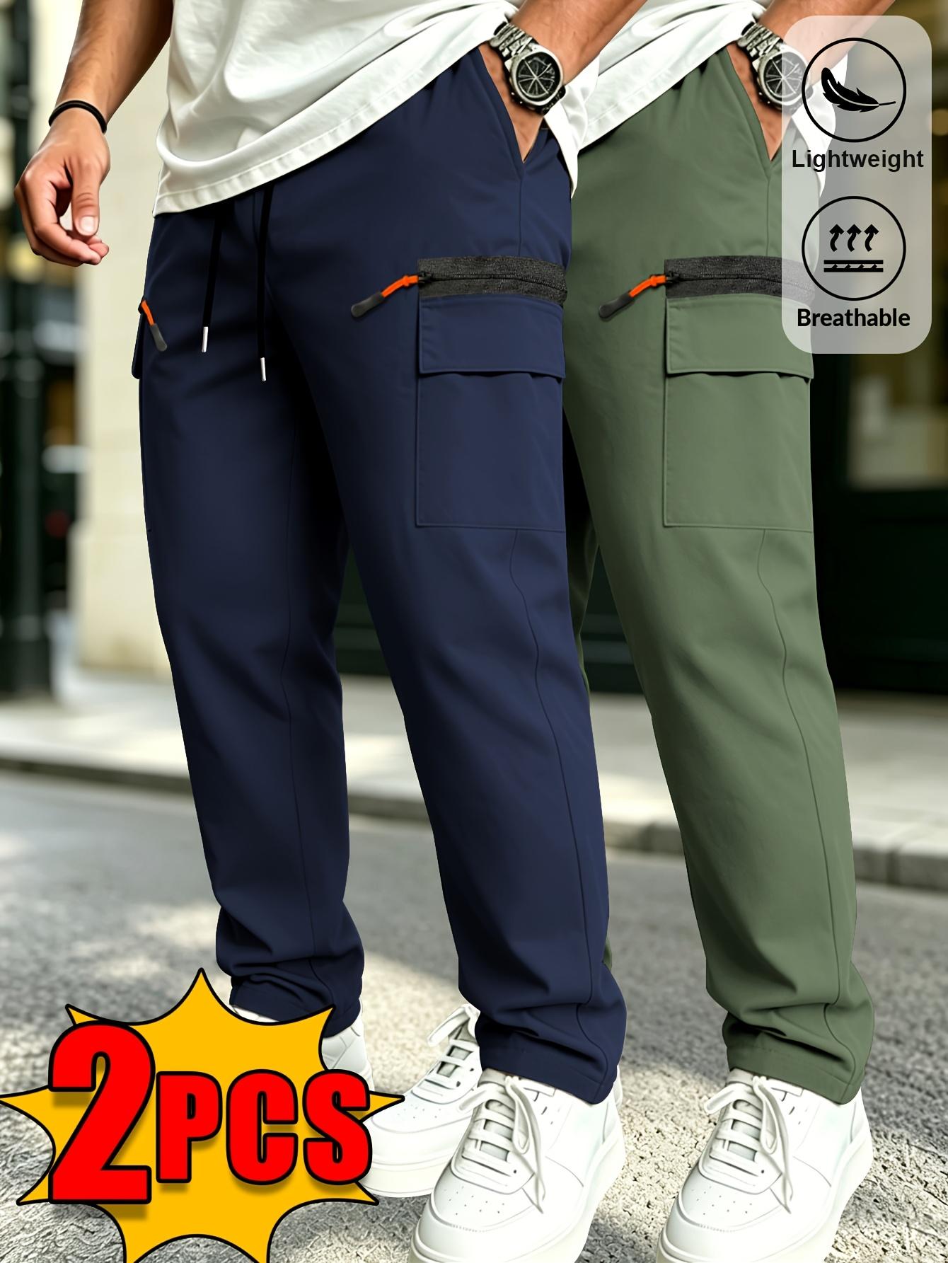Veiskor Menswear Men’s 2-Pack Simple Basic Loose Polyester Functional Cargo Straight-Leg Pants for Spring/Summer, Elastic Drawstring Waist, Contrast Color, Side Zipper Pockets, Lightweight Breathable, Versatile Casual for Outdoor Activities, Commuting, Ca