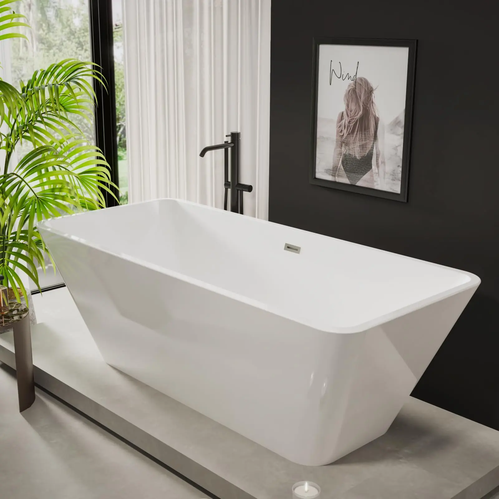 59"/66"Acrylic Freestanding Bathtub, Modern Soaking Tub with Matte Drain and Black Overflow, Glossy White, Deep Ergonomic Design, Double-Walled Insulation, CUPC Certified Bath Tub
