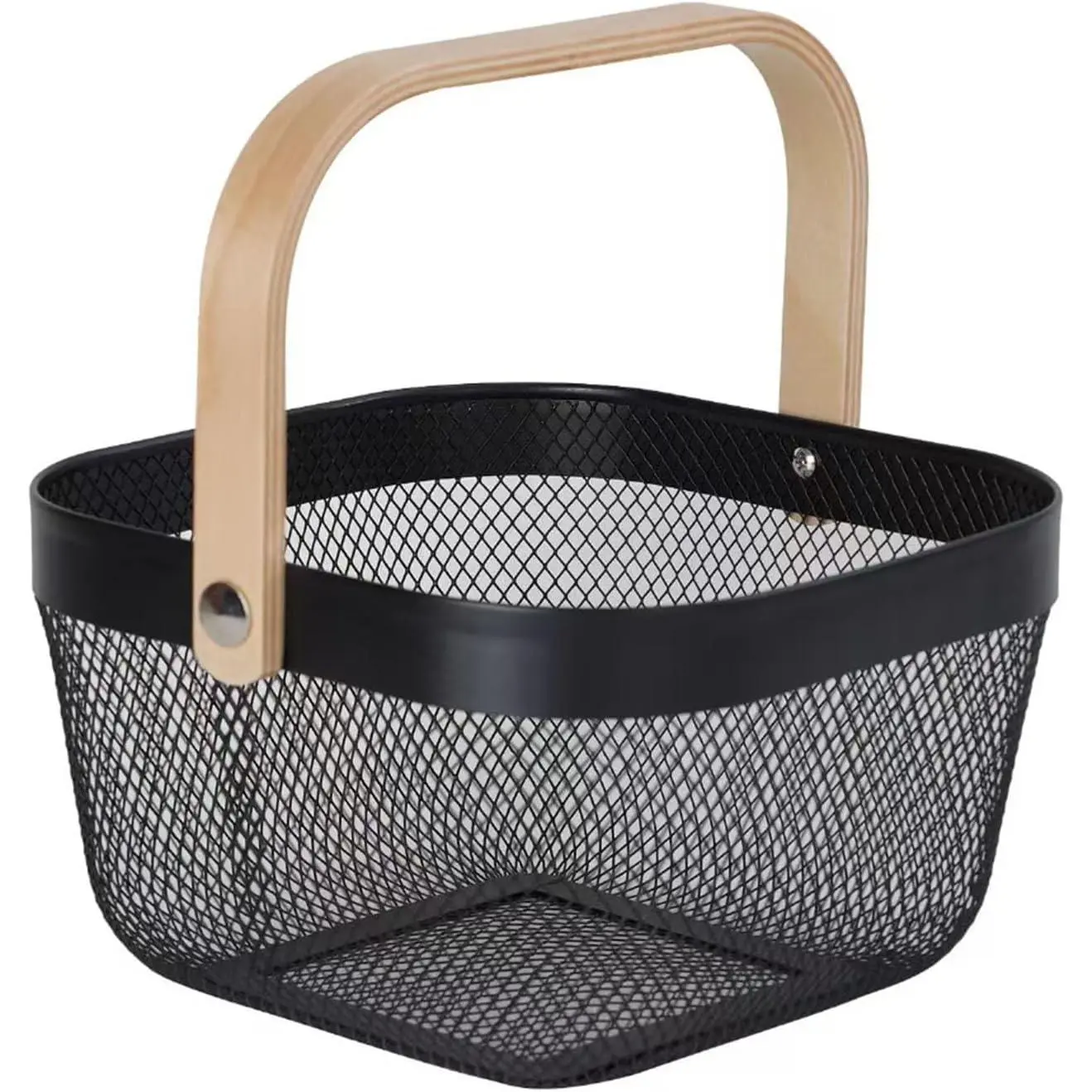 Metal Mesh Wire Basket, Mini Steel Basket with Wooden Handle Storage Organizer Basket Multi-functional  Kitchen Baskets Fruit Baskets for Kitchen Bathroom Cabinet Pantry Snacks, Black