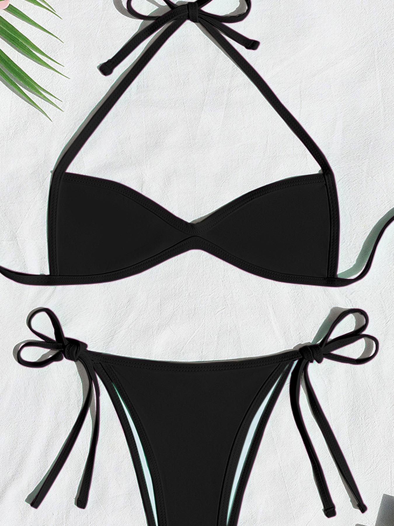 Women's Two-piece Plain or Colorblock Bikinis Set for Summer, Halter Tie-Back Bikini Top & Tie-Side High-Cut Bikini Bottom, Ladies Summer Swimwear for Beach Holiday