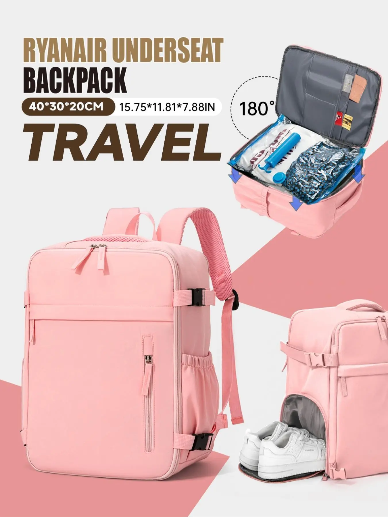 Travel Luggage Vacuum Compression Set Women'S Backpack, Airline Approved Carry On Bag 40X30X20Cm Size Cabin Bag, Travel Bags, with Vacuum Pump Combination, Back with Trolley Suitcase Fixed Strap, Suitable for Air Travel And Casual Clothing Storage Bag