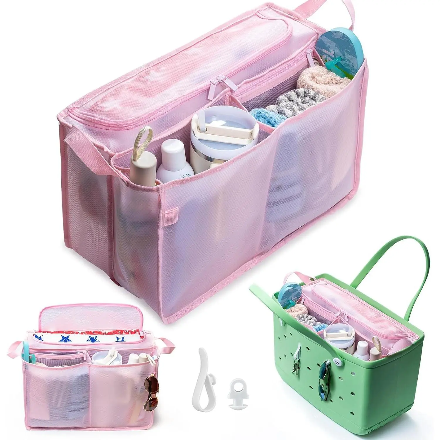 Mesh Beach Bag Organizer Insert with 2 Accessories – Compatible with Bogg Bag XL | Bag Divider with Zipper Closure, Waterproof & Sandproof Compartments, Sunglasses Holder & Clips