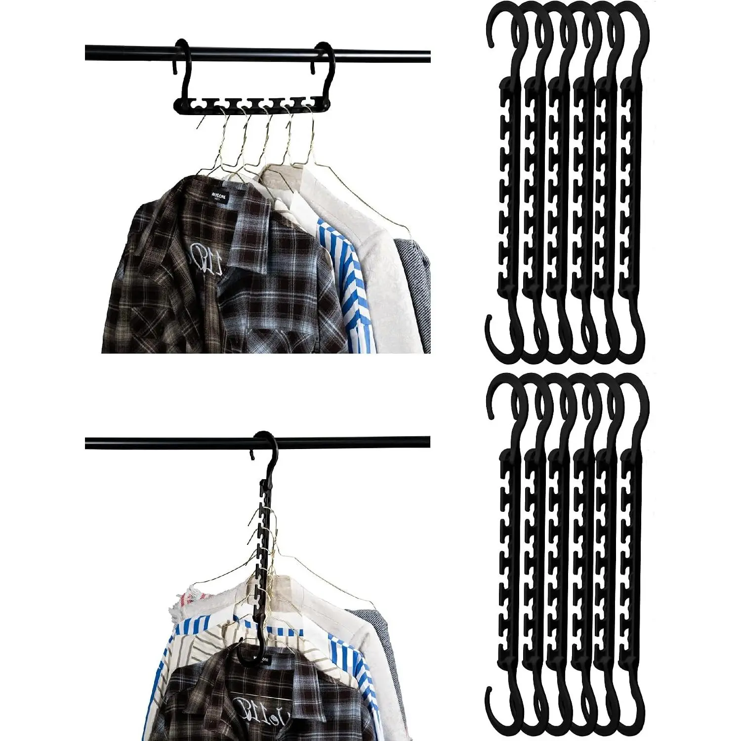 - Space Saving Hangers for Clothes, 12 count, Black | Plastic Multi Clothes Hangers Space Saving, 6 Slots, 360° Rotating Hooks