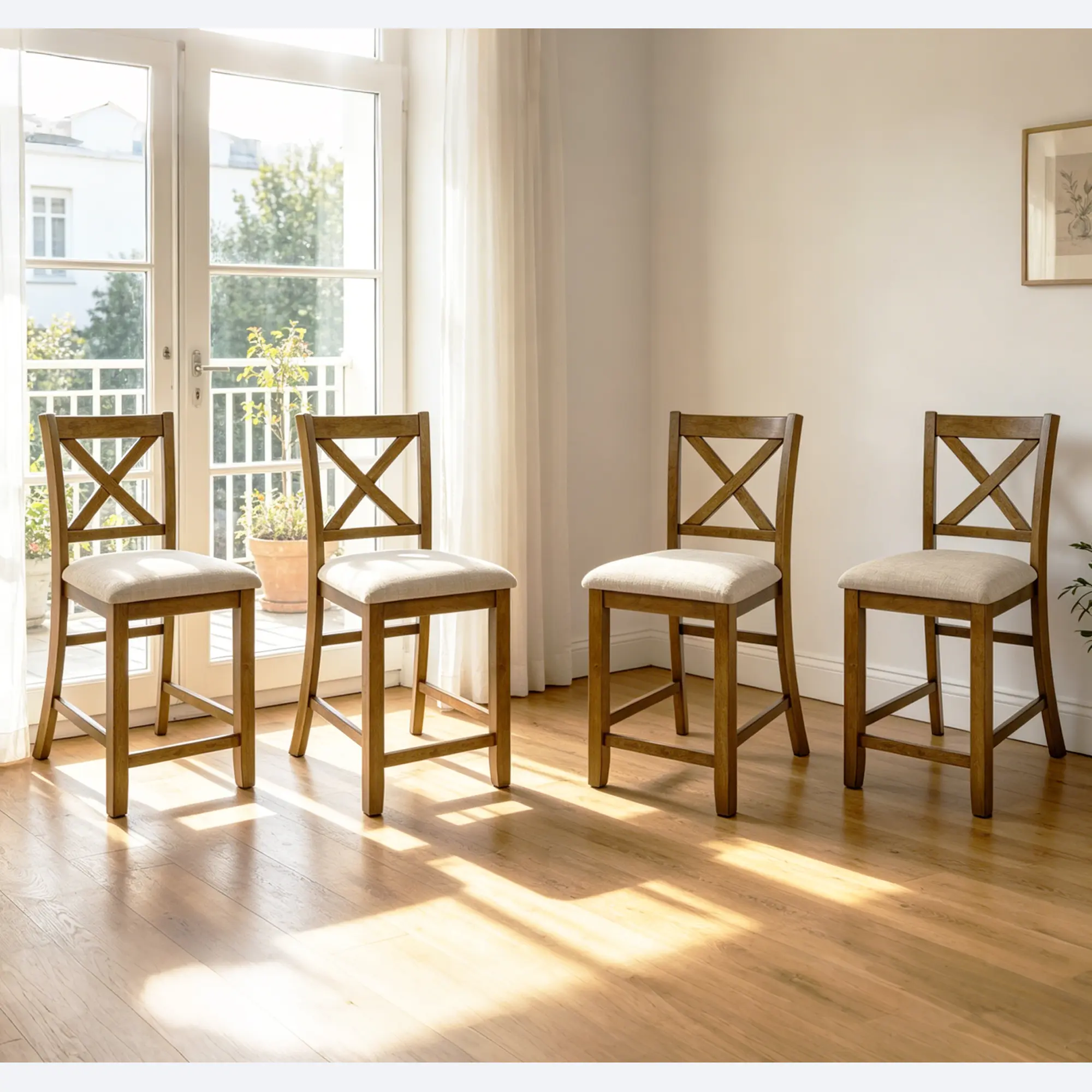 ARCH Set of 4 Dining Chairs, Wooden Counter Height Kitchen Chairs with Padded Seat, Upholstered Cross Back Side Chairs, Solid Rubberwood & Linen, Oak Finish, for Dining Room Living Room Kitchen, 330 lbs Capacity, Oak Color Options