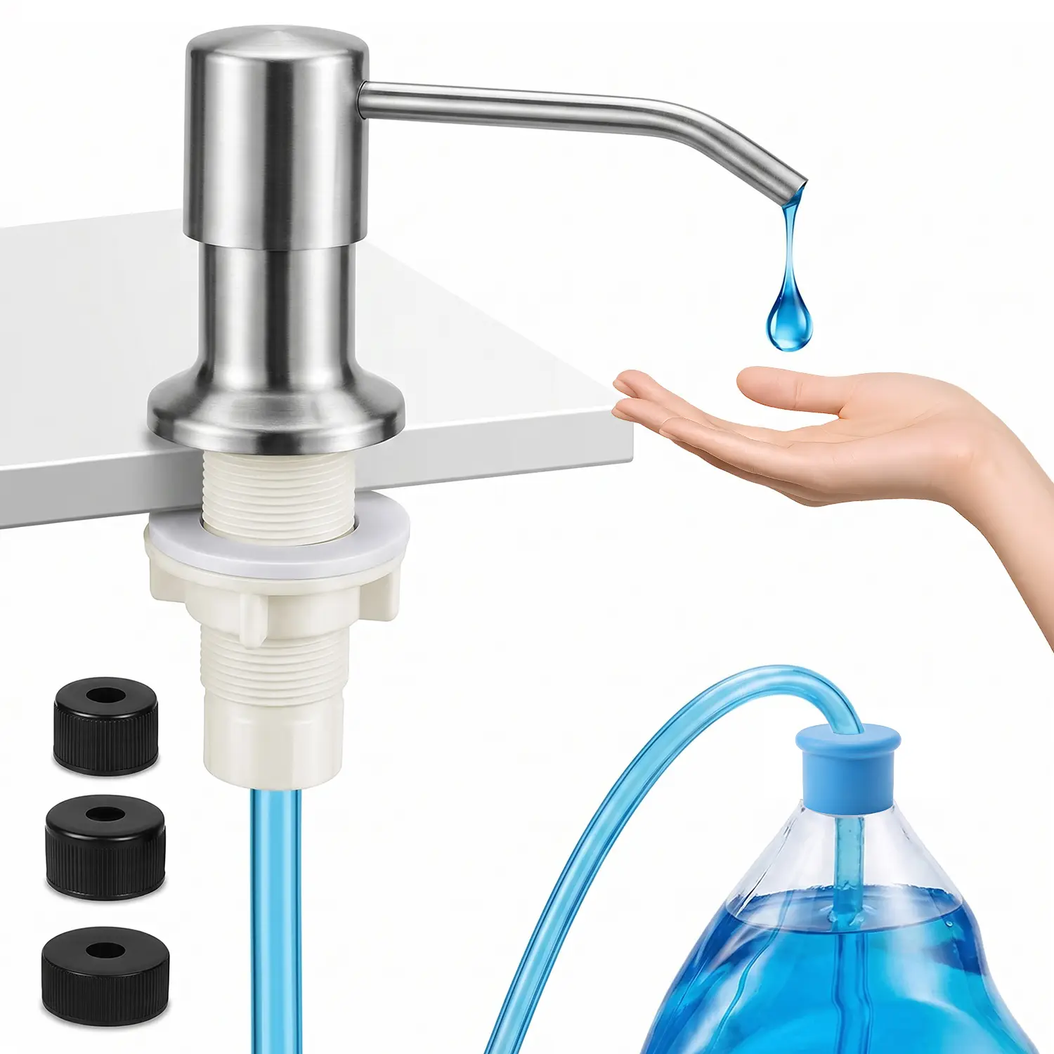 Dish Soap Dispenser for Kitchen Sink, Countertop Sink Soap Dispenser Water Pump with 47” No-Spill Extension Tube Kit Design for Kitchen Bathroom, No More Refills