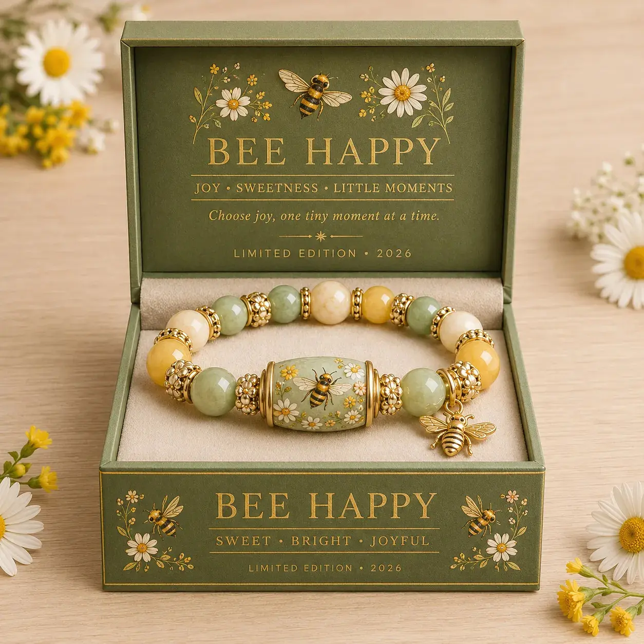 Handmade Look Lucky Charm Bracelet for Men & Women, Elastic Plastic Beads with Bees & Flowers Design, Gift Boxed, Unisex Wear, Charm Bracelets, Animal Motifs, Gift-Ready, Plastic Chain