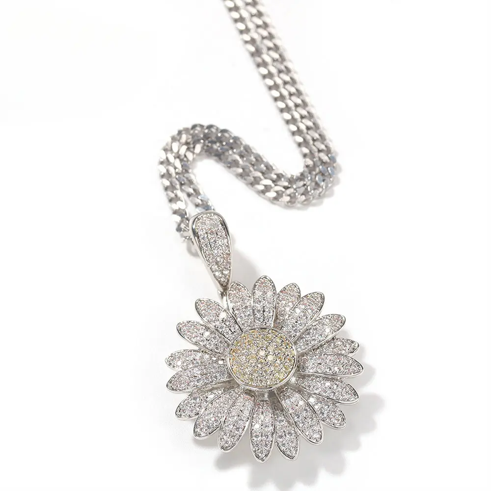 Loveden Unisex Rotating Sunflower Full Iced-Out Zircon Copper Pendant Necklace, Hip Hop European-American Streetwear Statement Jewelry, Stackable Cuban Chain Accessory, Ideal Gift for Nightclubs Birthdays Holidays
