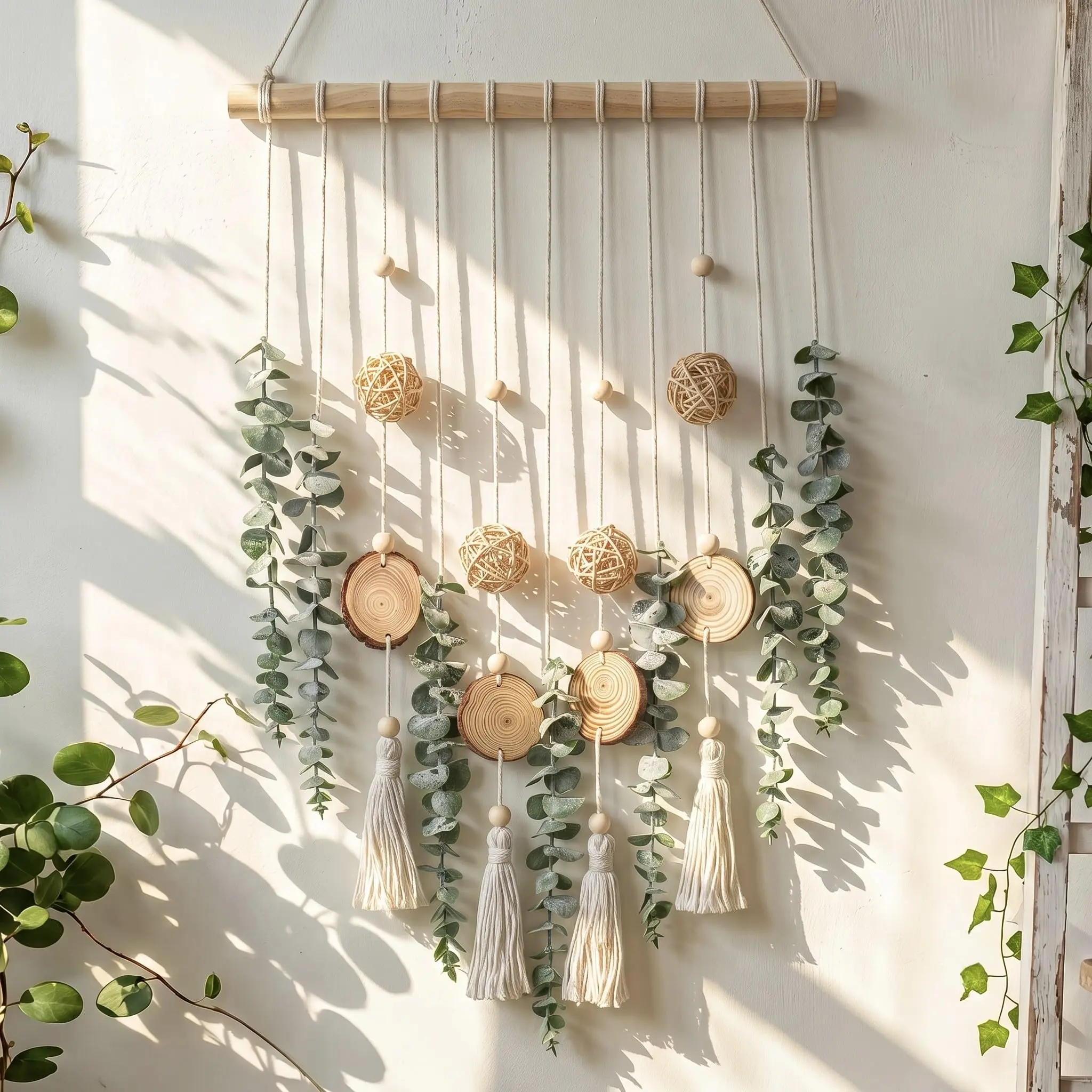 Fluffy Lightweight Boho Artificial Eucalyptus Wicker Wall Decor Hanging - 33.1 in Fake Greenery Leaves, Wood Slices, Tassels - Rustic Farmhouse Entryway Accent, Ideal Gift for Bathroom, Bedroom