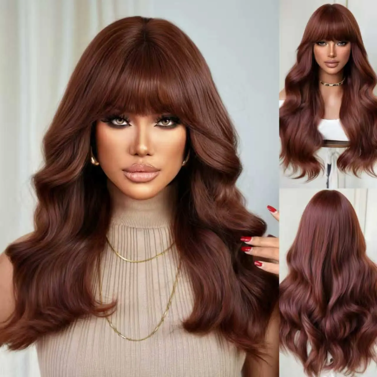 Synthetic Wig for Women, 24-Inch Mid-Length Body Wave in Caramel Burgundy, Heat-Resistant Hair with Full Bangs for Daily & Party Wear, Synthetic Hair