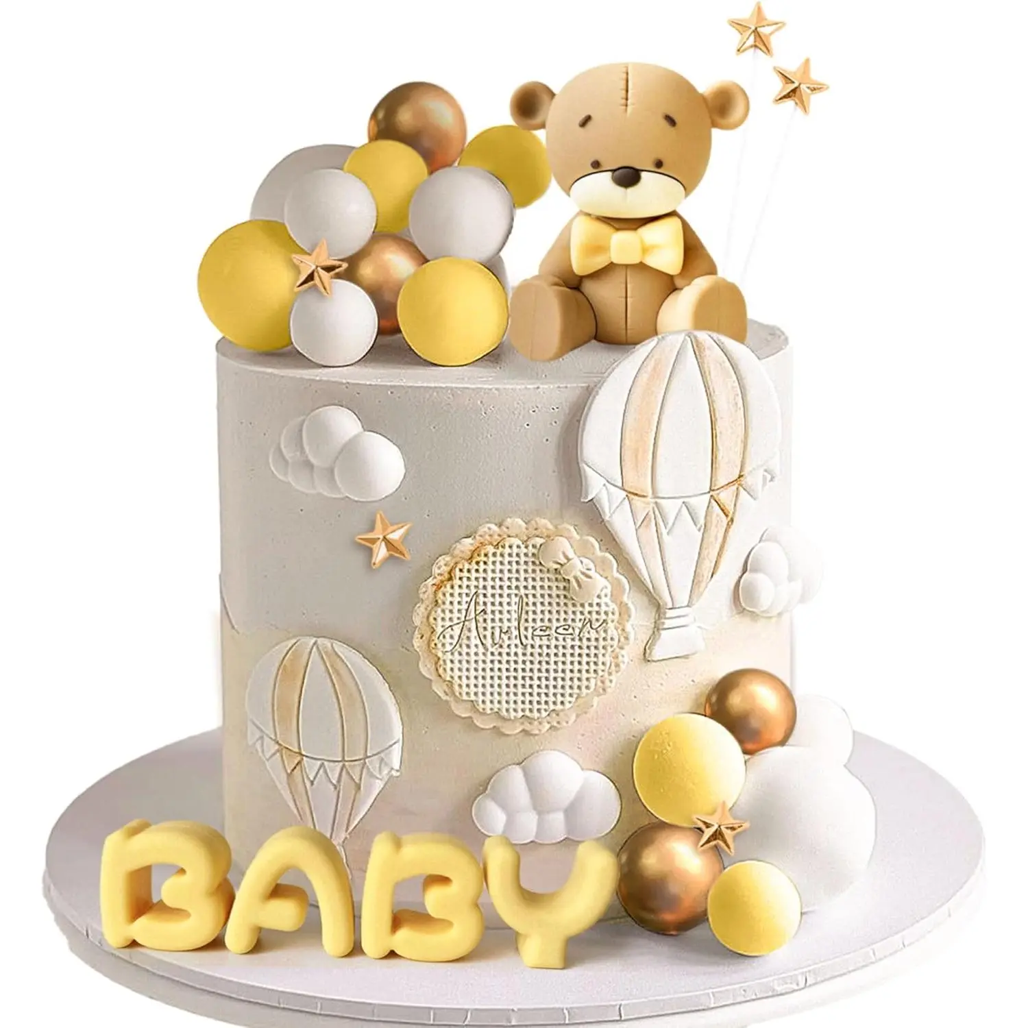 Yellow Baby Shower Cake Decoration Bear Cake Topper Gender Reveal Cake Decoration Green Gold Balls Cake Topper for Baby Shower Birthday Party Decoration