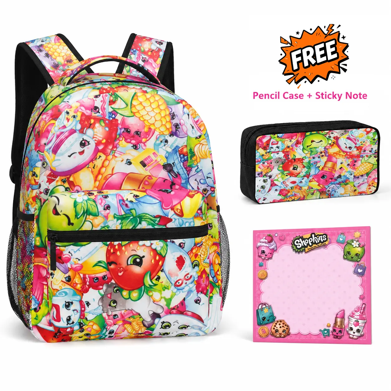 3Pcs Kids Shopkins School Backpack Sets for School Girls,Kawaii School BoobBag with 1 pecnil box and 1 sticky note,Cute Book Bag School Suppluies sets for Girls Elementary Middle School Teens