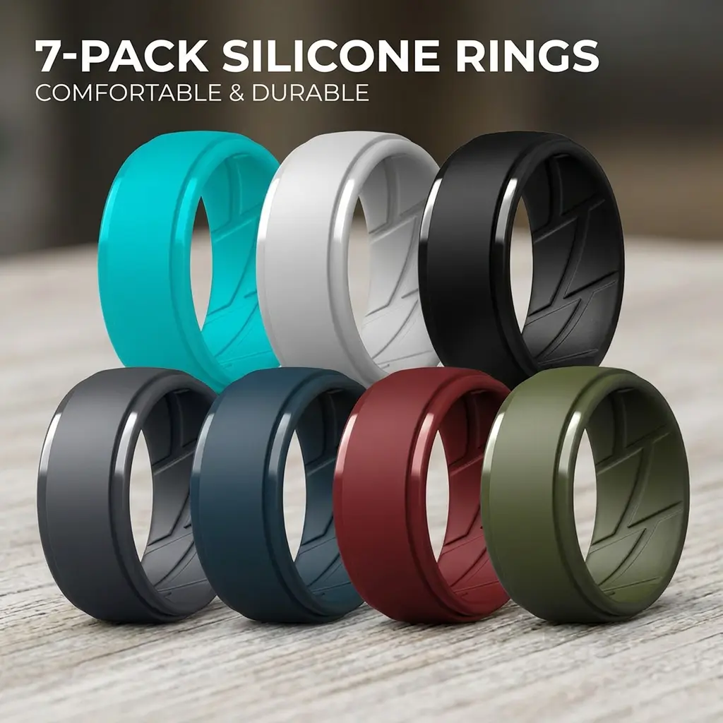 7 Pack Men's Silicone Rings, Premium Flexible Wedding Bands, Breathable Comfort Fit Rubber Ring Set for Work, Gym, Outdoor & Everyday Wear