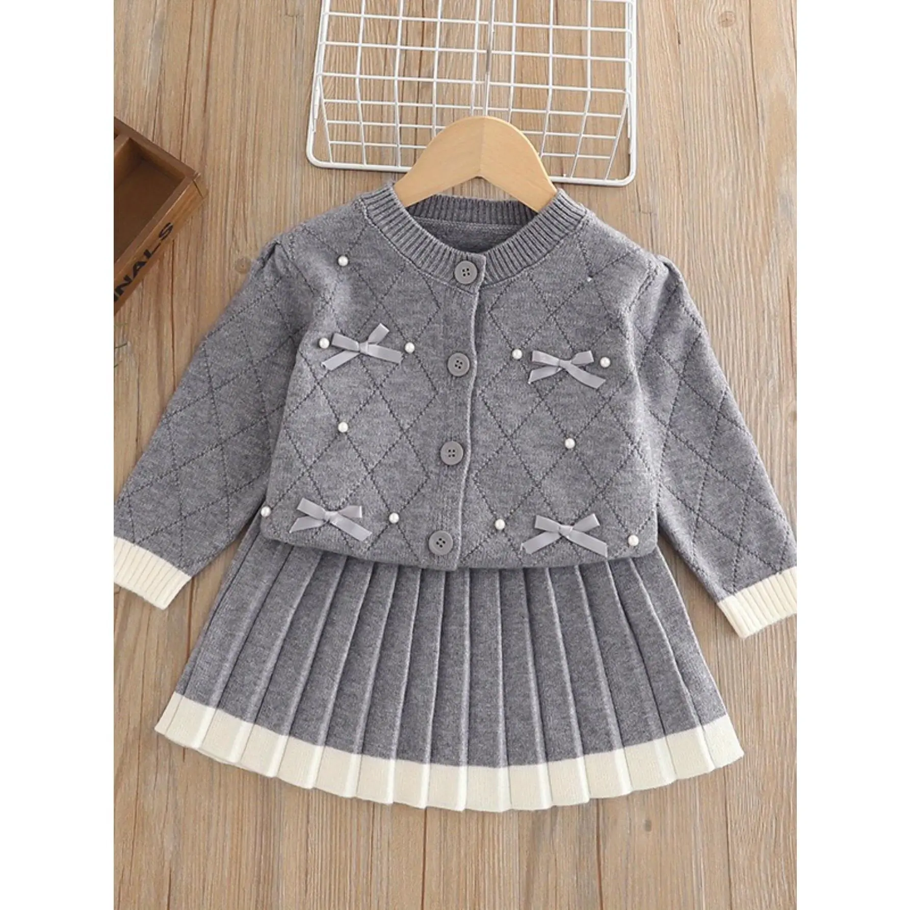 Little Girls' Preppy 2-Piece Knitted Dress Set Look - 2025 Fall/Winter Back-To-School Top & Skirt with Bow Detail, Knitted Fabric