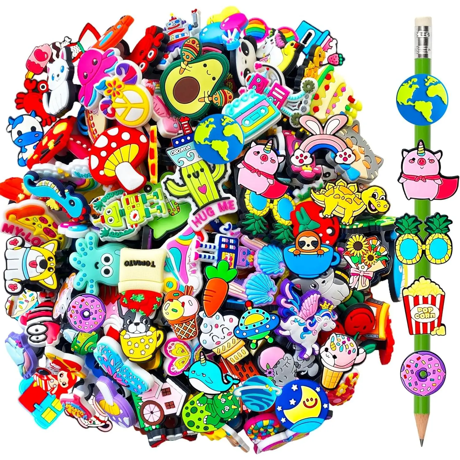 100 Pieces Lovely Pencil Toppers - Mixed Planets & Transportation Design Clips, Bulk Charm Accessories, Student Gifts & Birthday Gifts for Wooden Pencils Users