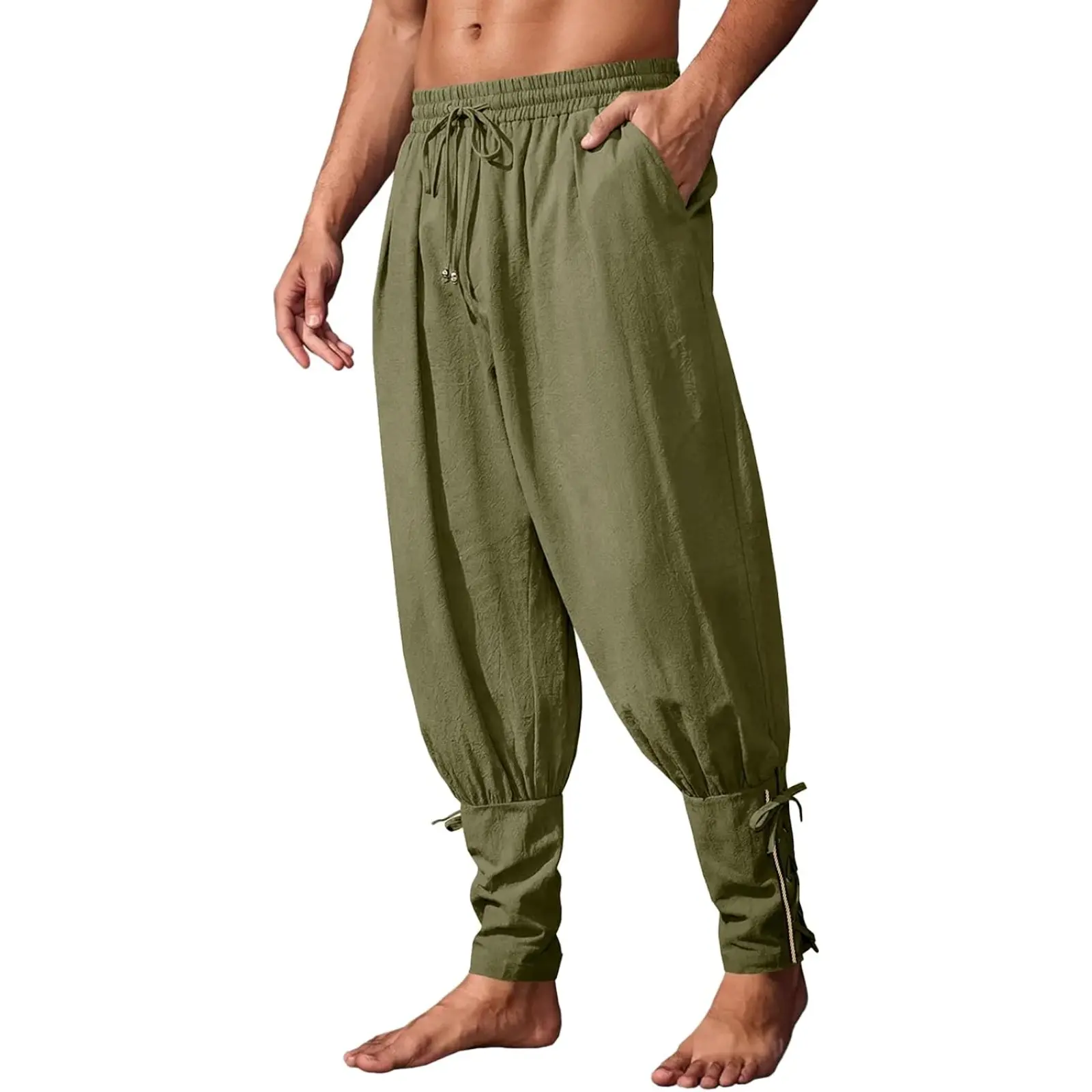 Runcati Men's Medieval Ankle-Banded Cotton Pants, Lace-Up Menswear Bottoms for Pirate-Renaissance Viking Costumes, Halloween Outfit Trousers