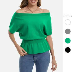 Imily Bela Womens Off The Shoulder Y2K Tops Puff short Sleeve sweater Ribbed Knit Pullover Date Night Top Blouse  SummerVibes