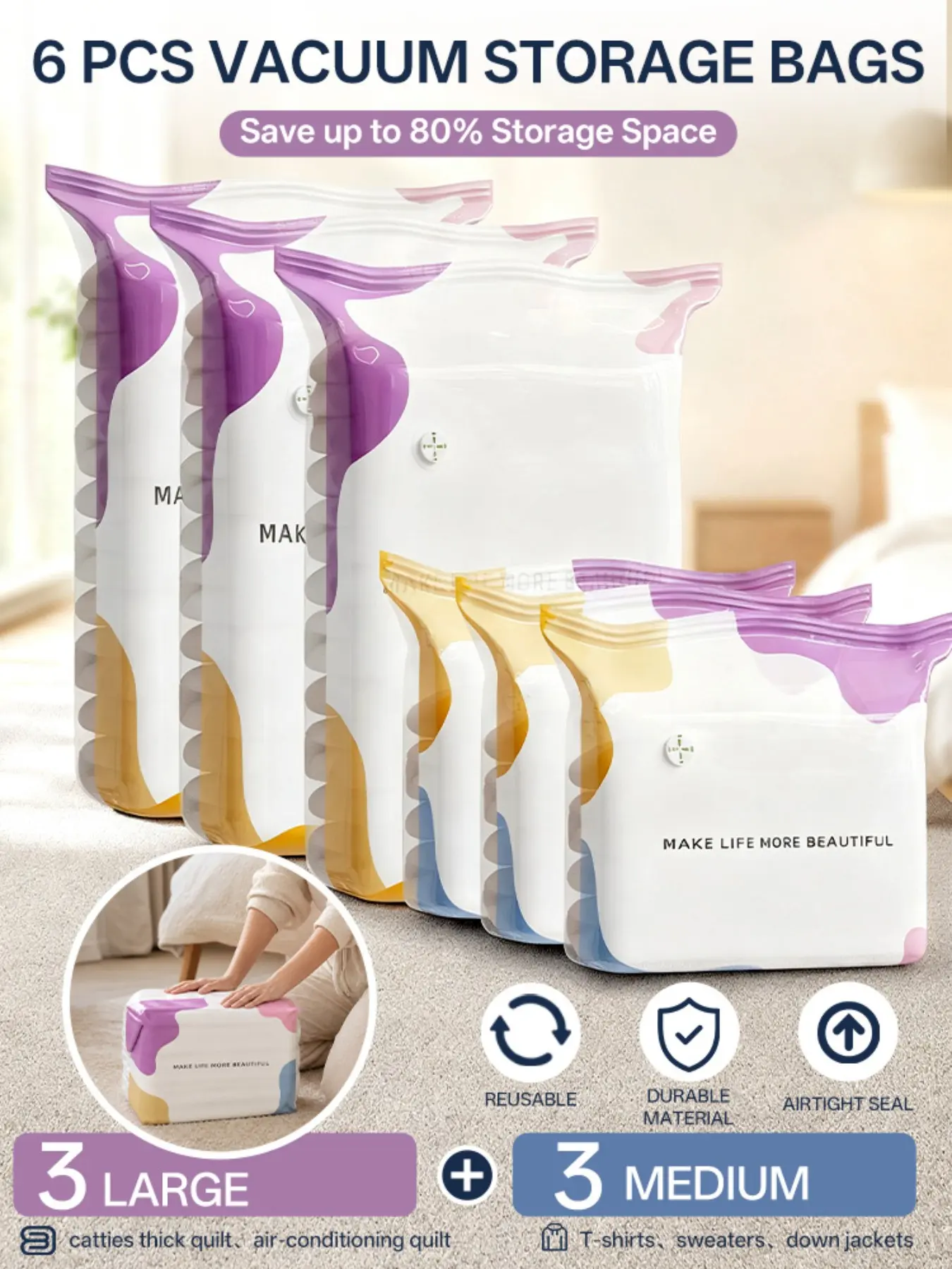 Vacuum Storage Bags Set of 6, Reusable Vacuum Bags, Space-Saving, Sealed Compression, Dustproof Moisture-Resistant, Ideal for Clothes and Bedding, Dorm, Closet, Moving