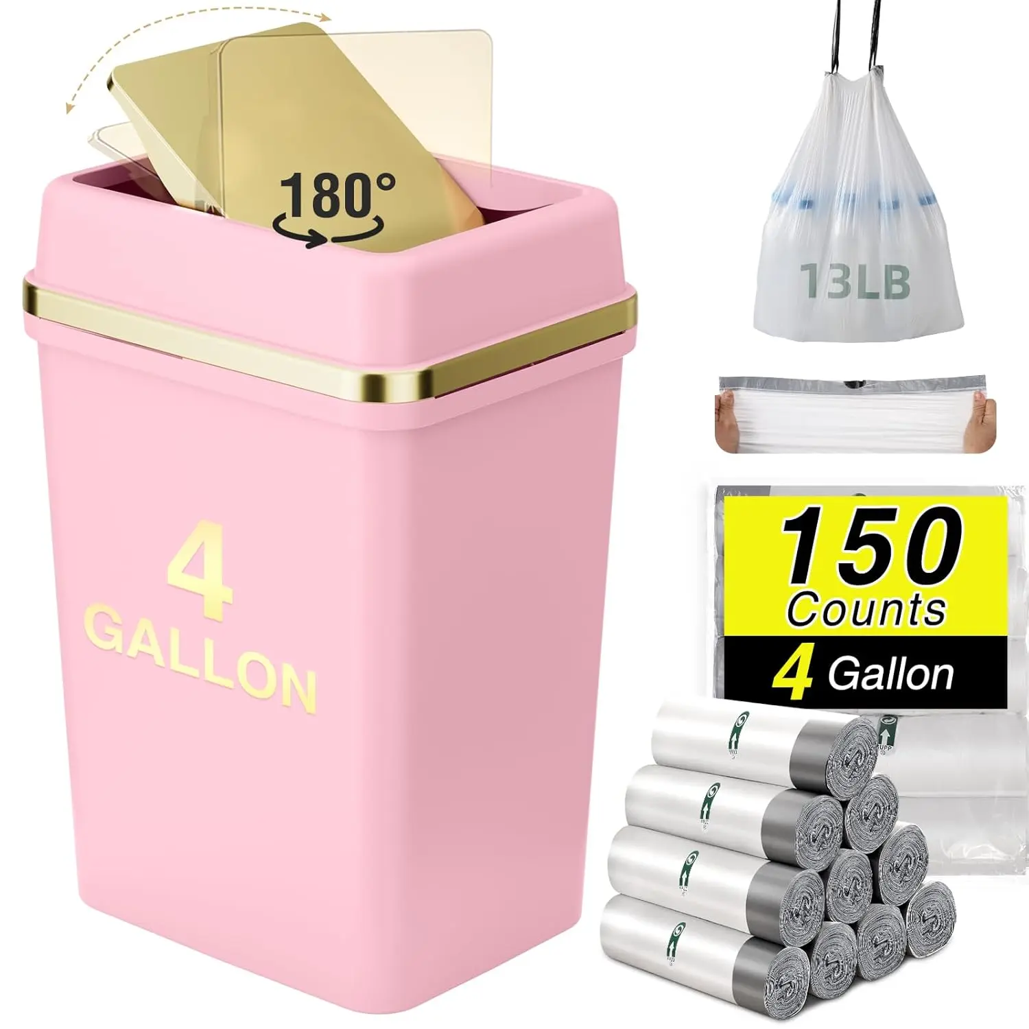 Bathroom Trash Can with Lid 4 Gallon Pink, Small Garbage Can for Bedroom Office, includes 150 Counts Trash Bags